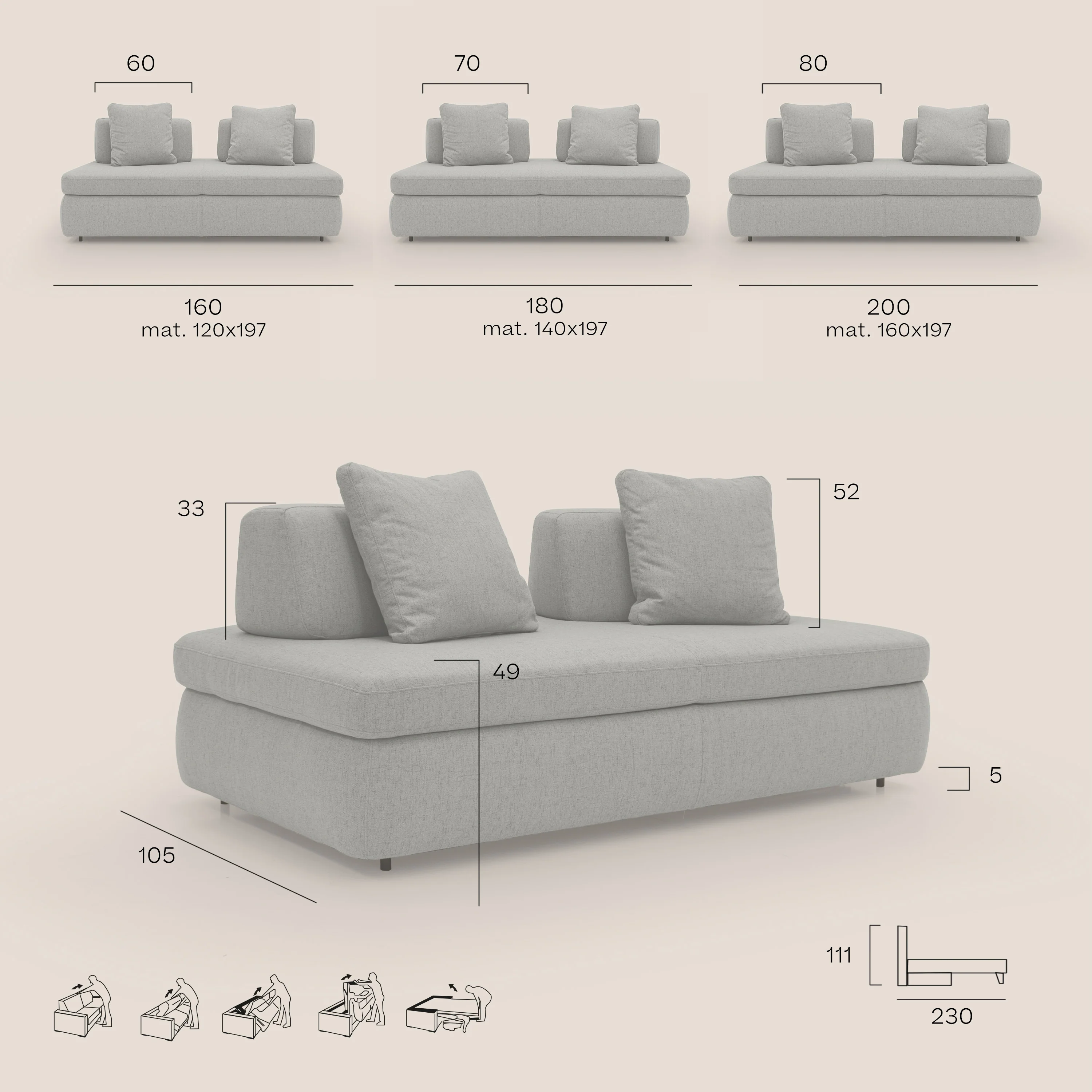 GRANSASSO Canapé convertible au design innovant en tissu imperméable T03 anthracite - Image 14