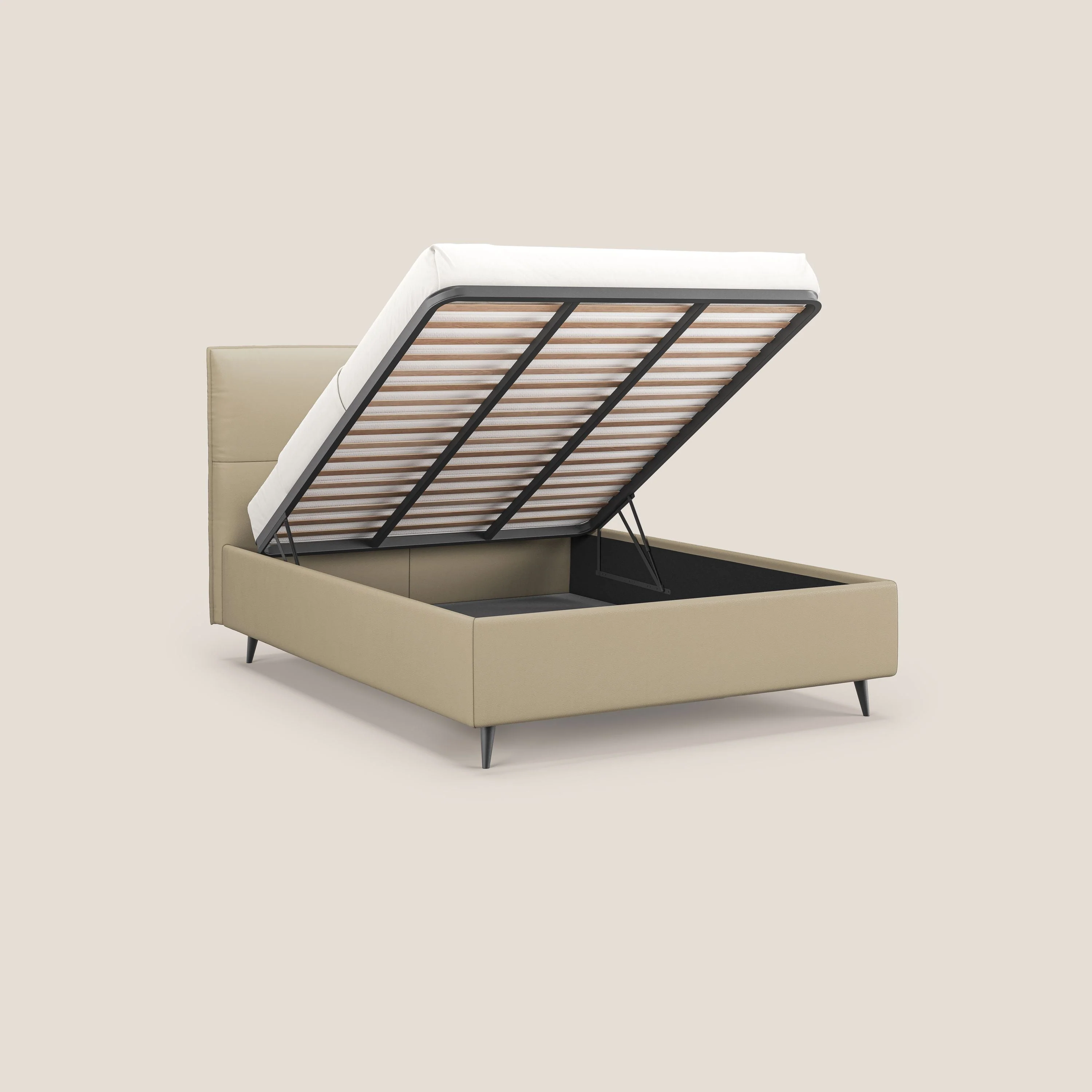 Greta lit coffre aux dimensions SLIM avec tête de lit matelassée en similicuir imperméable T04 crème - Image 2