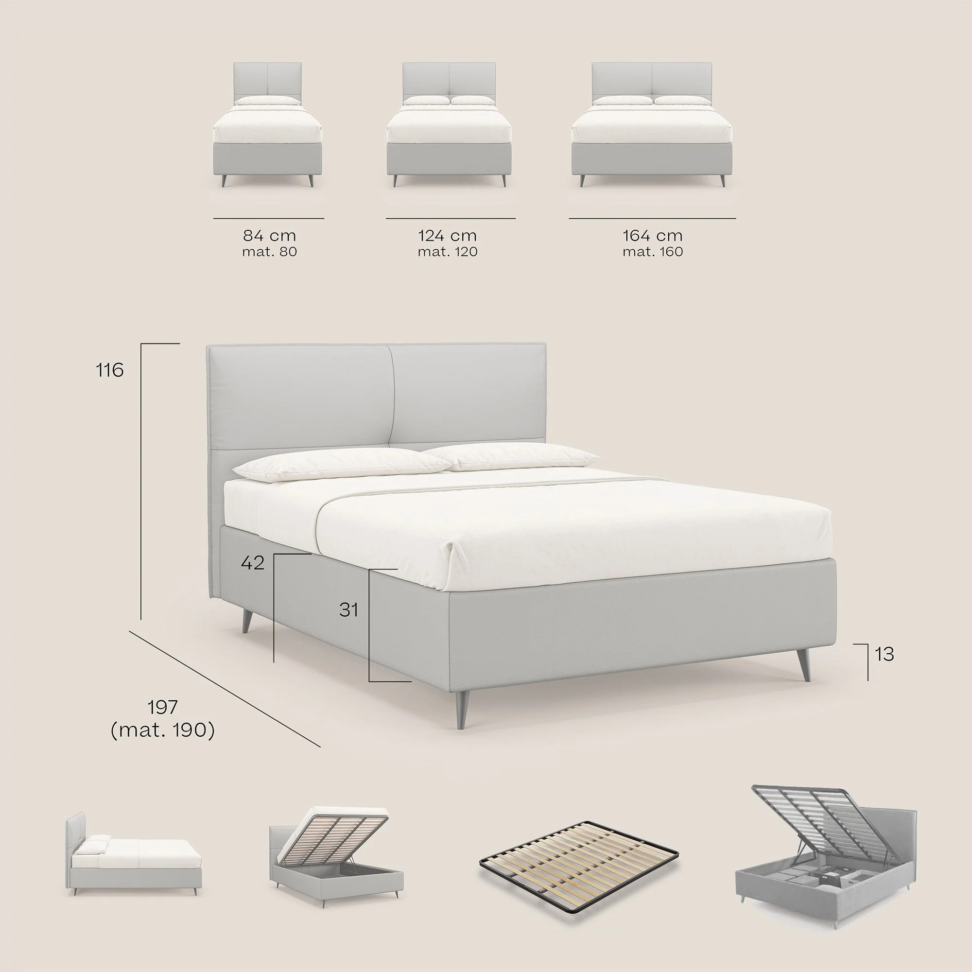 Greta lit coffre aux dimensions SLIM avec tête de lit matelassée en similicuir imperméable T04 crème - Image 9