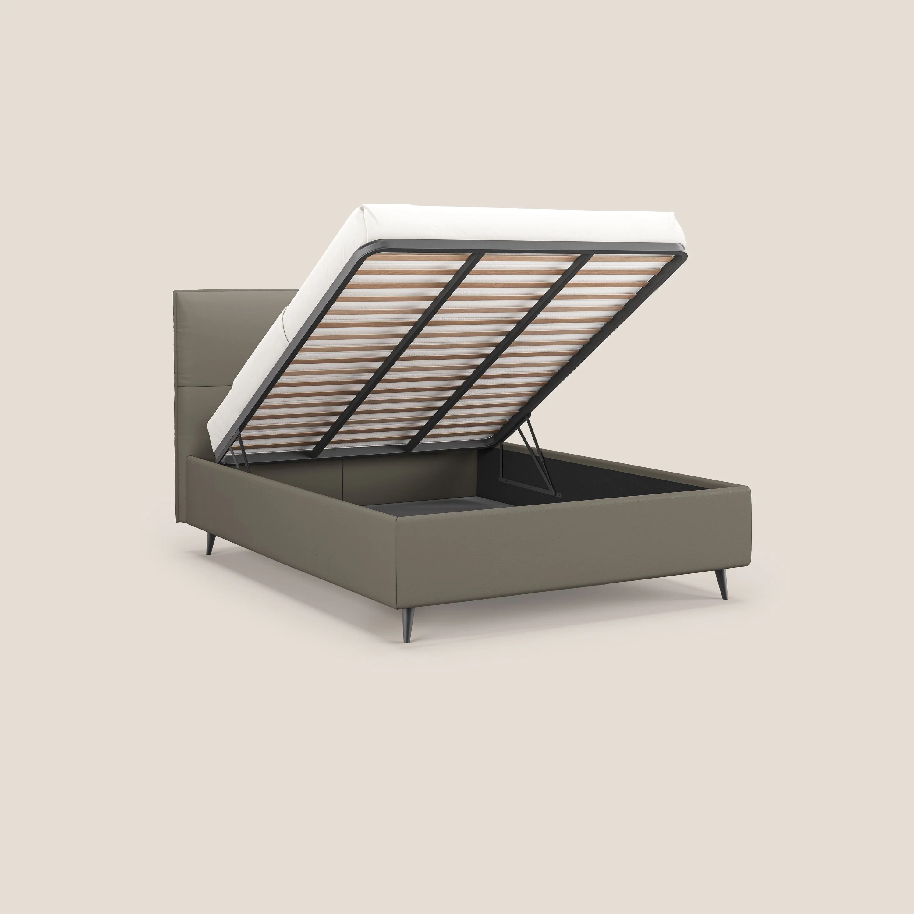 Greta lit coffre aux dimensions SLIM avec tĂȘte de lit matelassĂ©e en similicuir impermĂ©able T04 taupe - Image 2