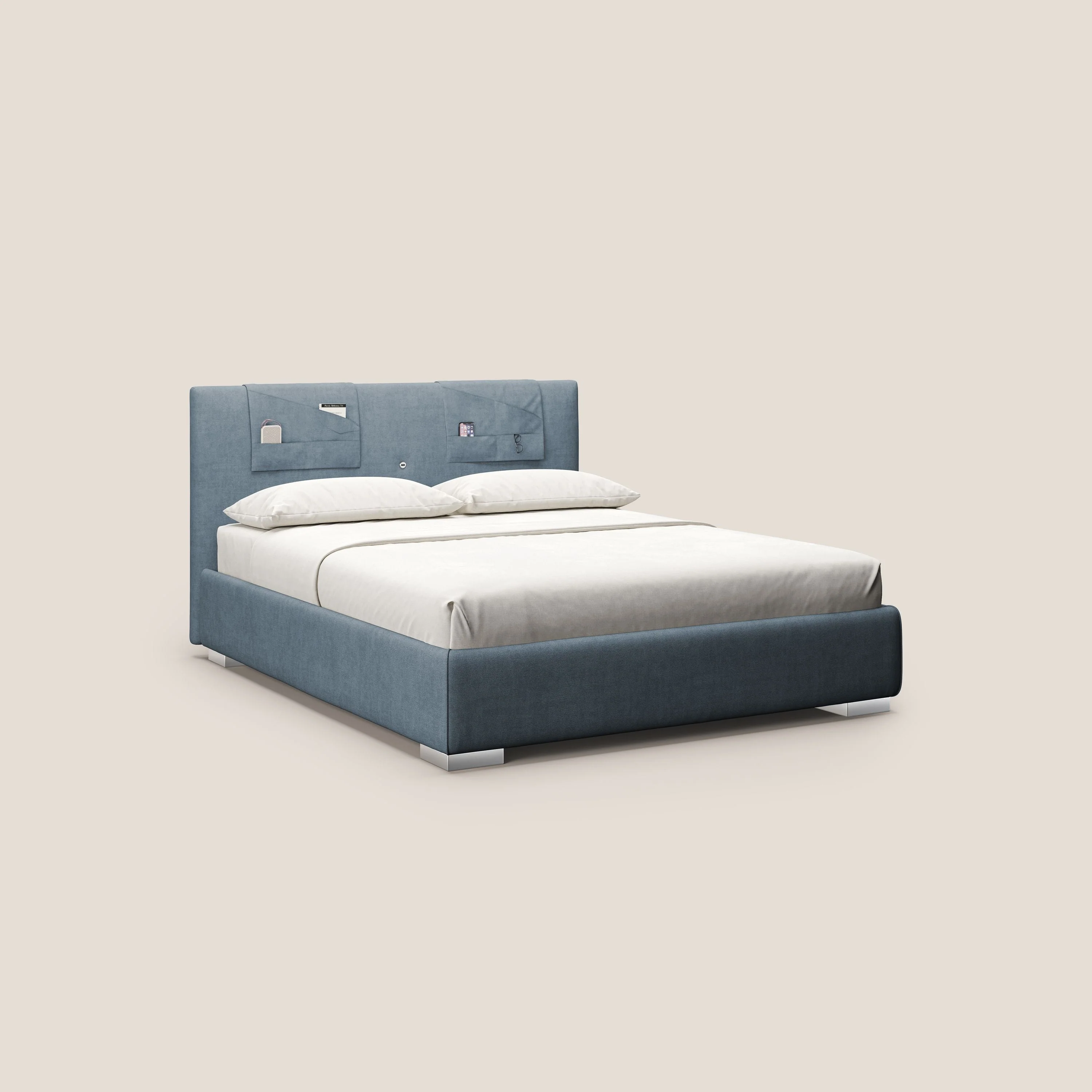 Horus lit rembourré avec coffre et prise USB sur la tête de lit en tissu imperméable T02 bleu gris
