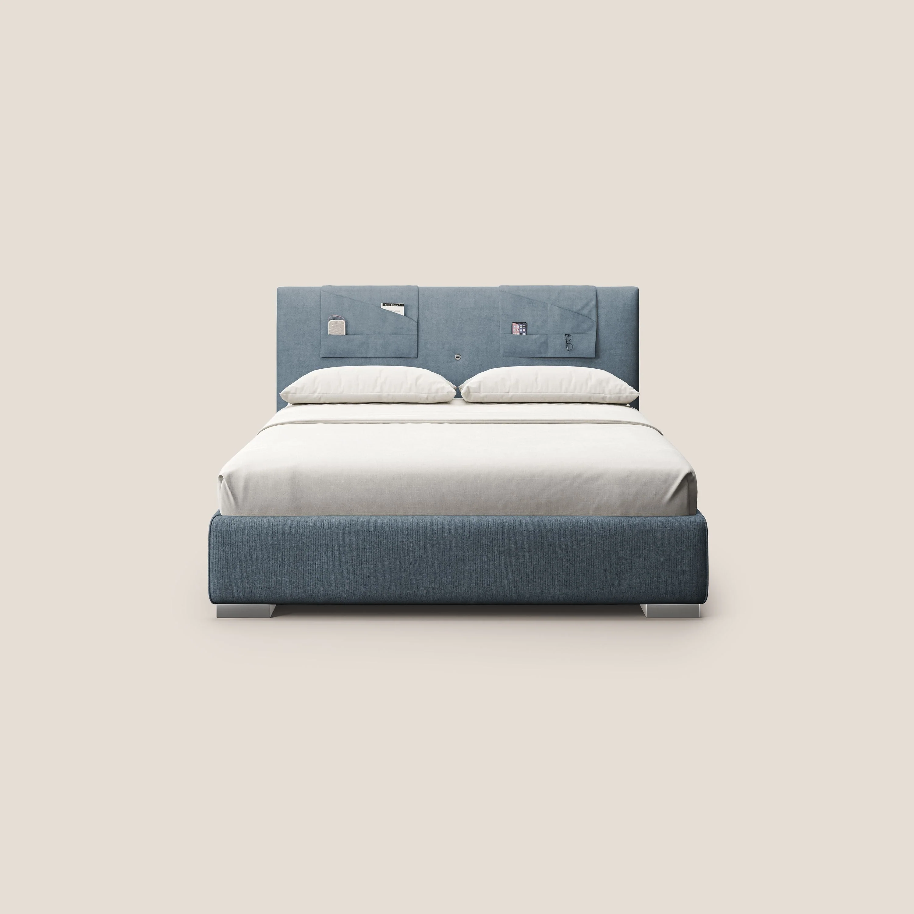 Horus lit rembourré avec coffre et prise USB sur la tête de lit en tissu imperméable T02 bleu gris - Image 3