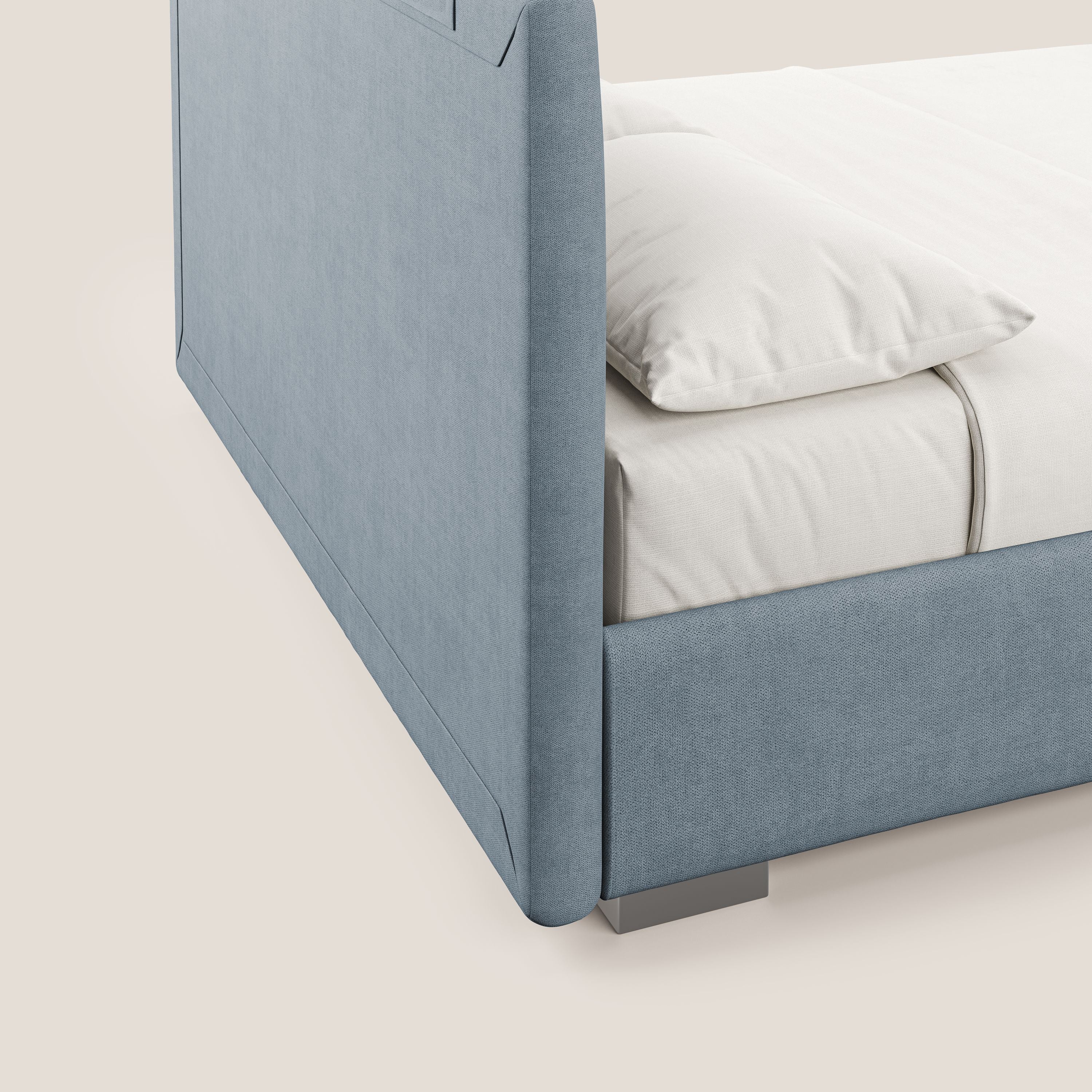 Horus lit rembourré avec coffre et prise USB sur la tête de lit en tissu imperméable T02 bleu gris - Image 4