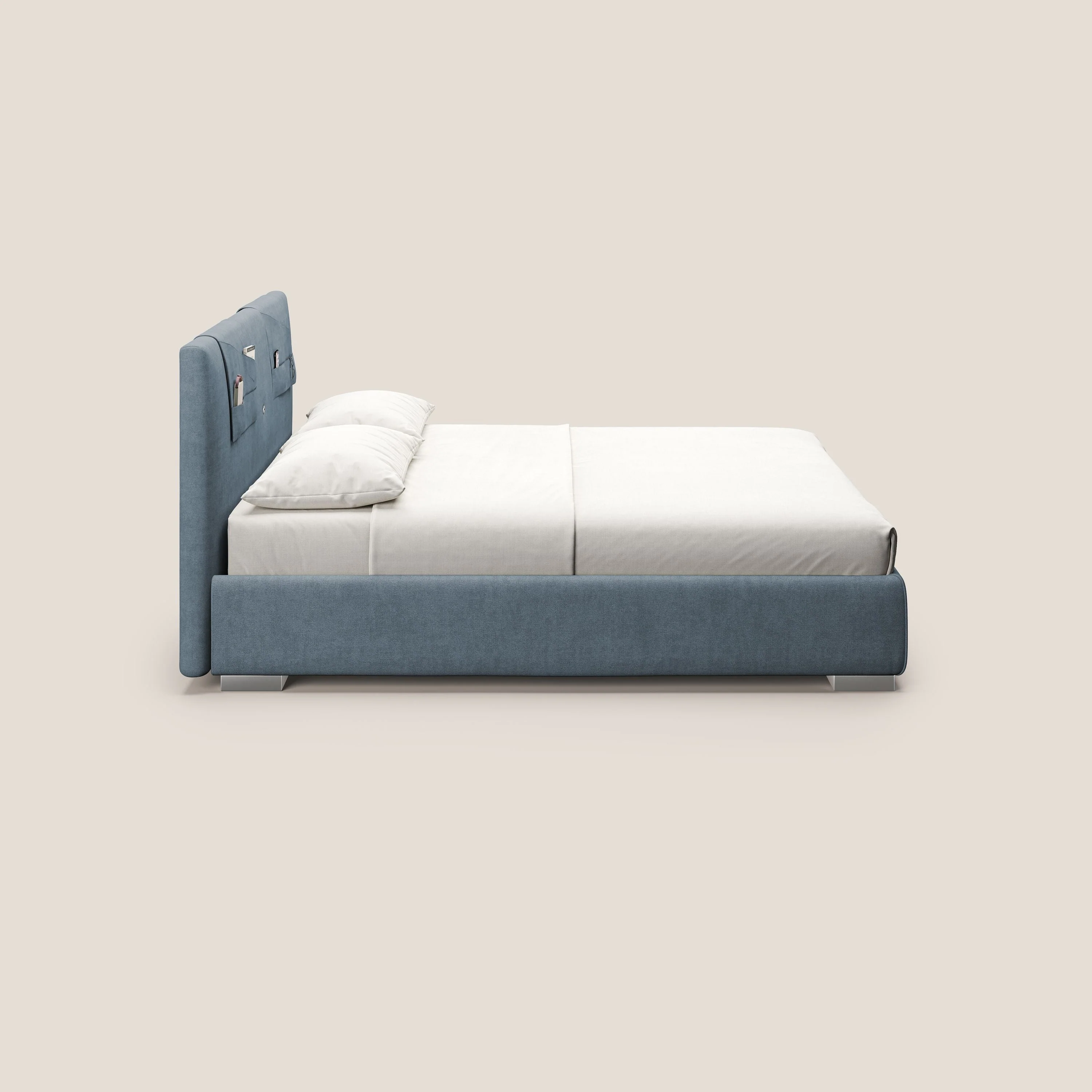 Horus lit rembourré avec coffre et prise USB sur la tête de lit en tissu imperméable T02 bleu gris - Image 5