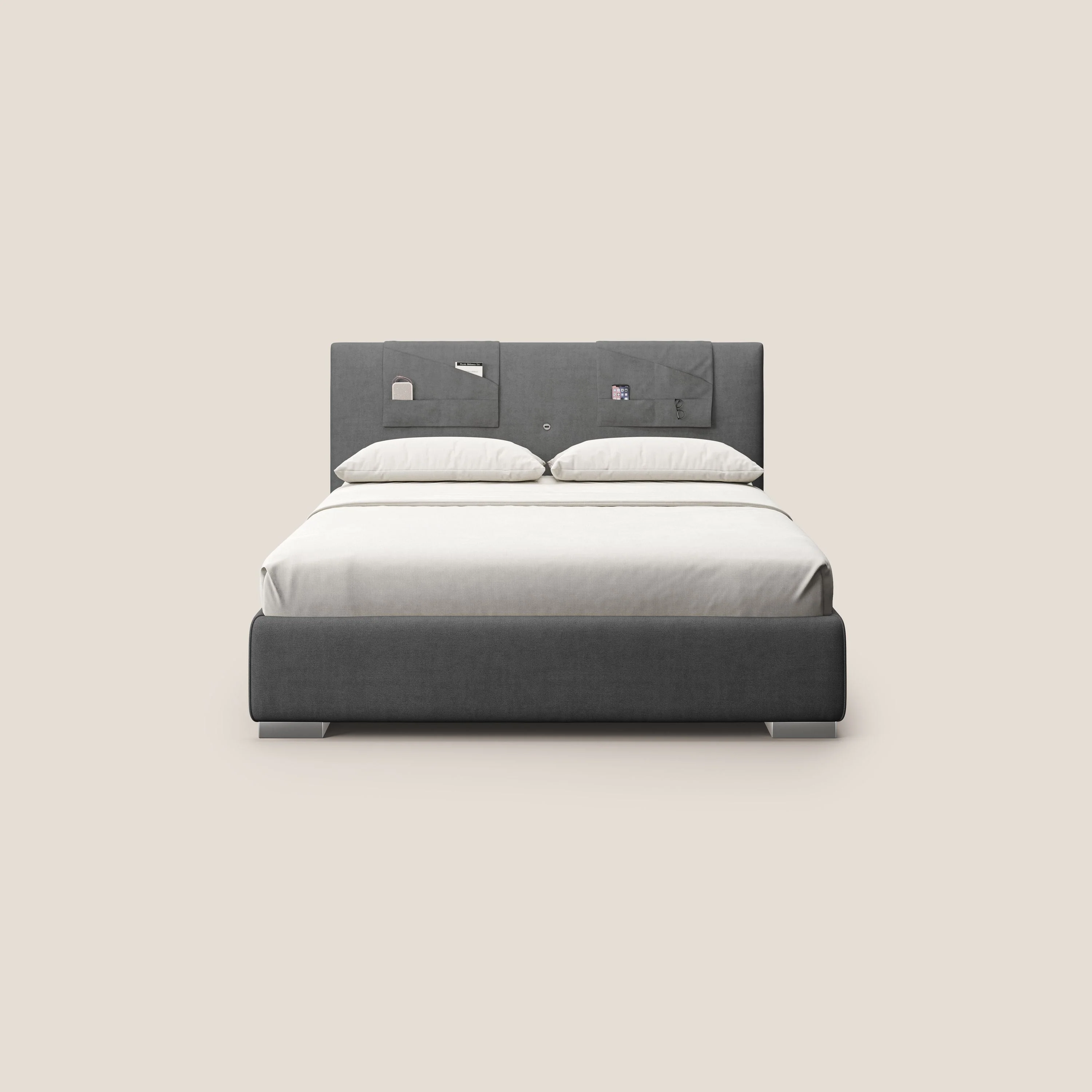 Horus lit rembourré avec coffre et prise USB sur la tête de lit en tissu imperméable T02 gris - Image 3