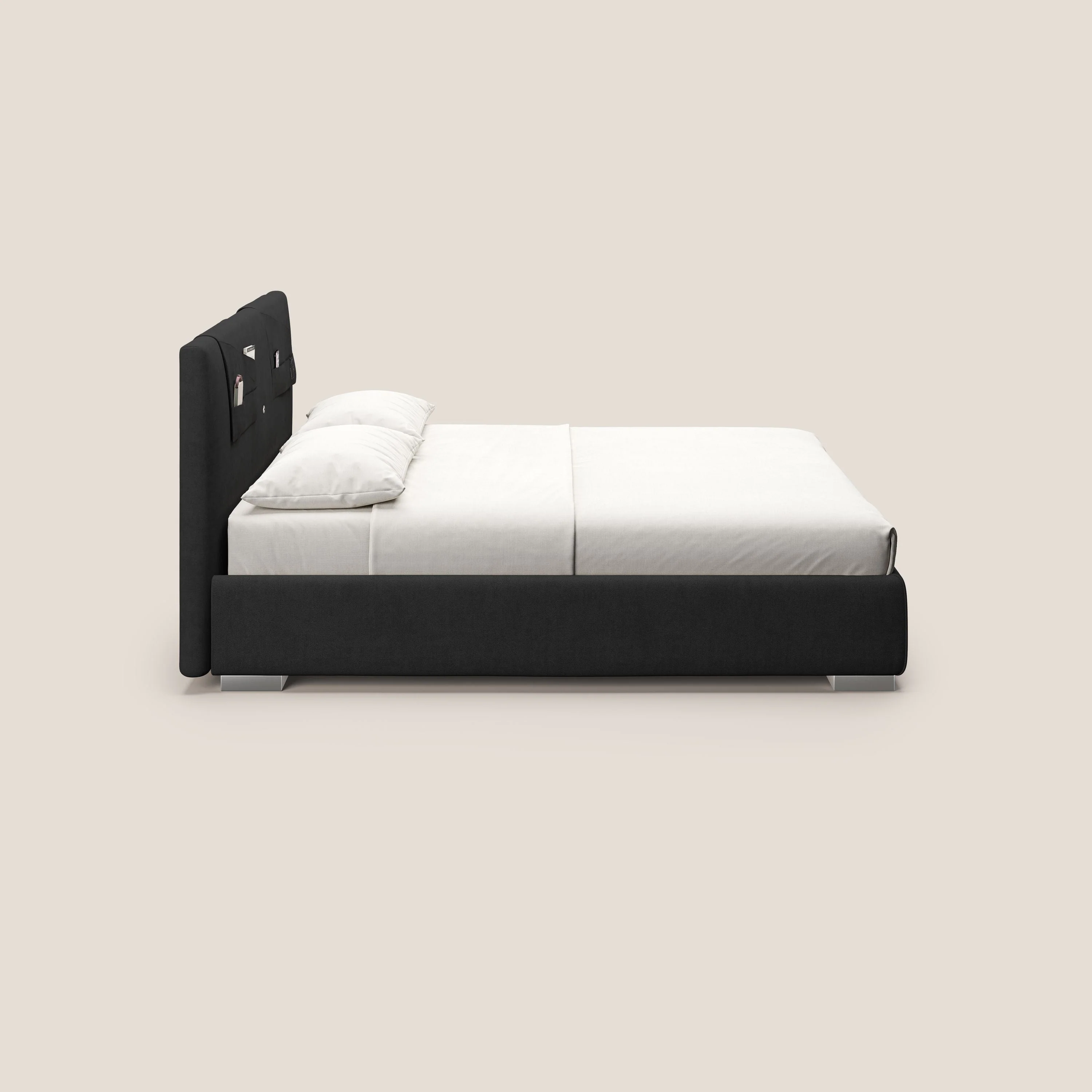 Horus lit rembourré avec coffre et prise USB sur la tête de lit en tissu imperméable T02 noir - Image 5