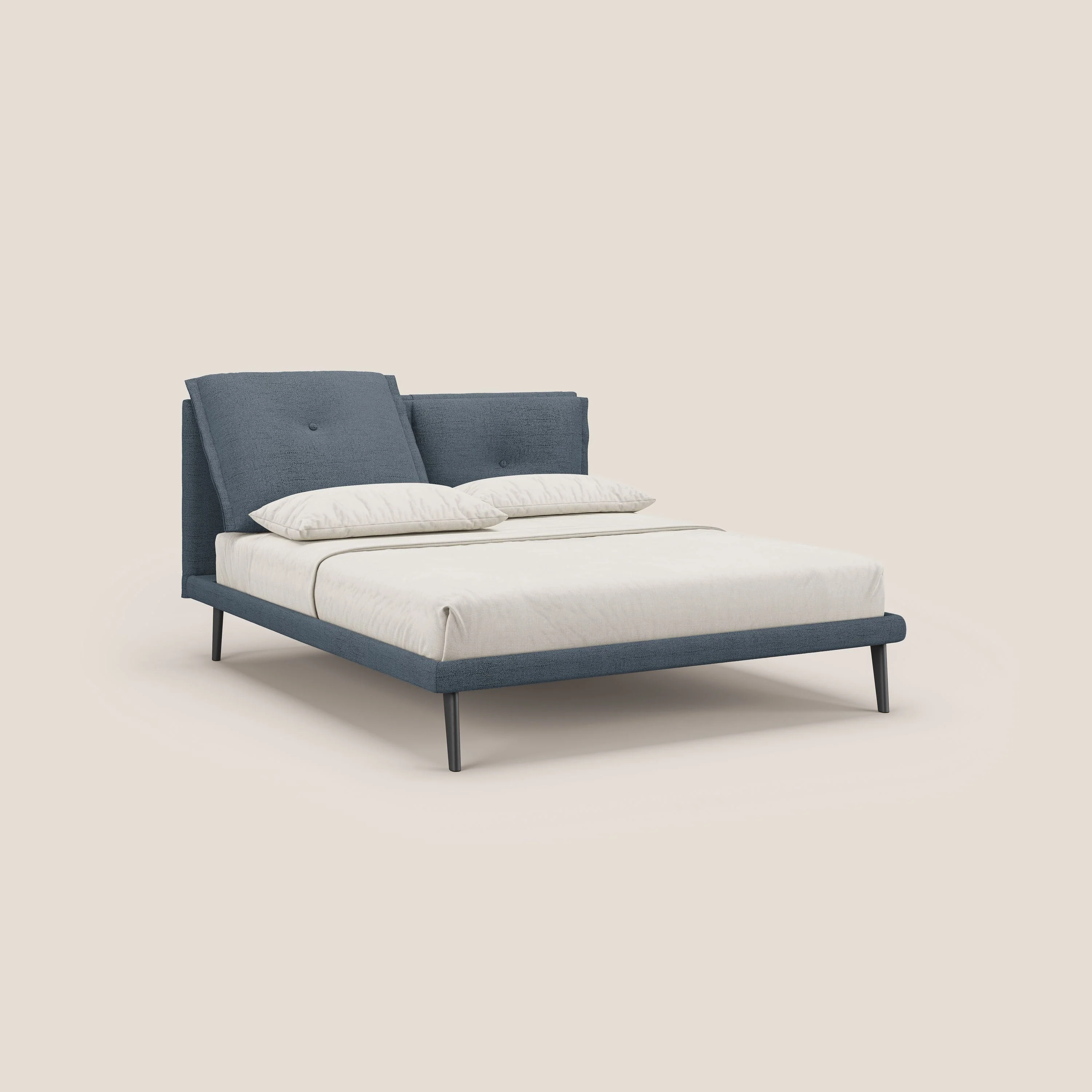 Ibuki lit avec coussins capitonnés réglables et pieds foncés en tissu flammé imperméable T03 bleu