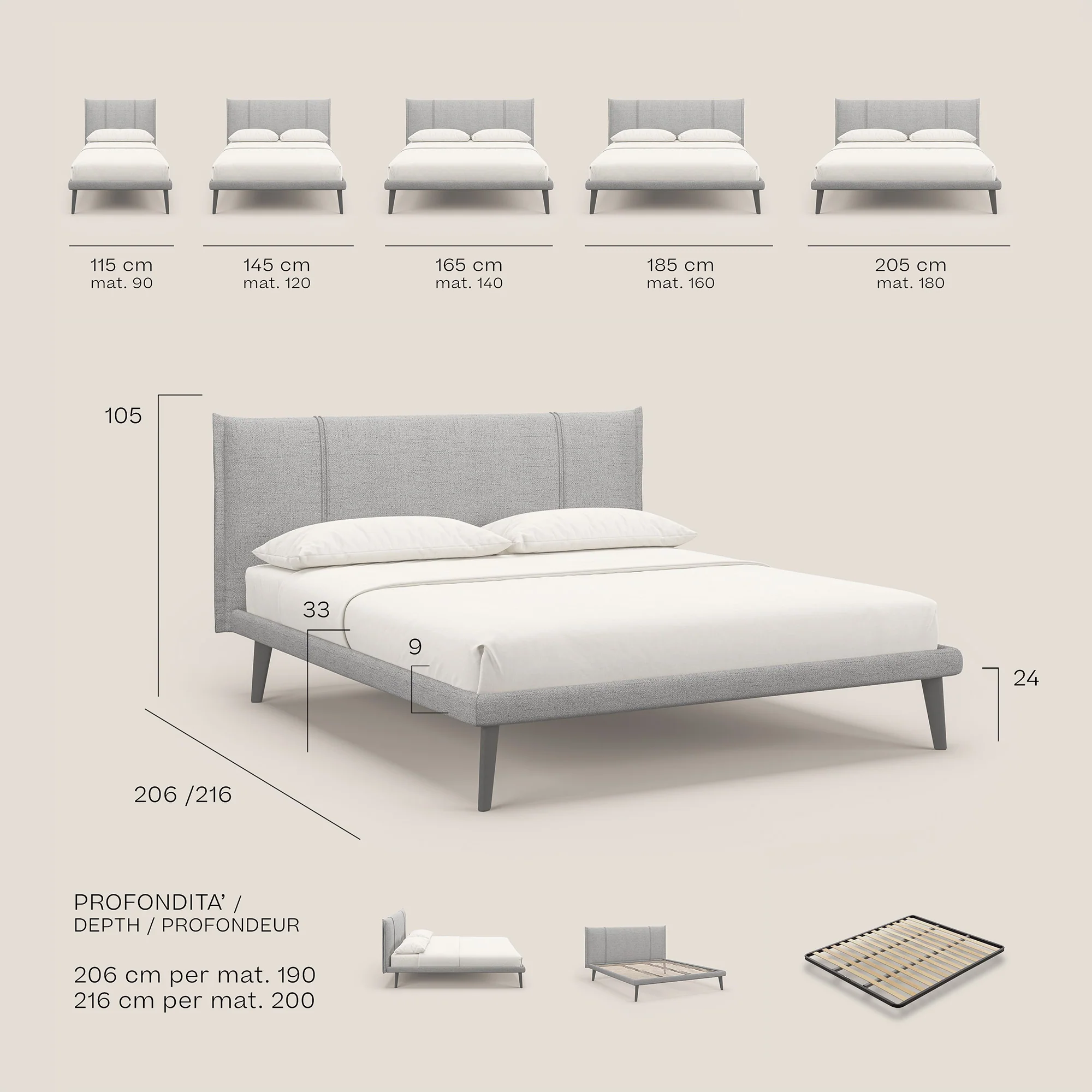 Klaus lit moderne pour matelas 140x190 cm avec pieds foncés et tissu flammé imperméable T03 GRIS - Image 9