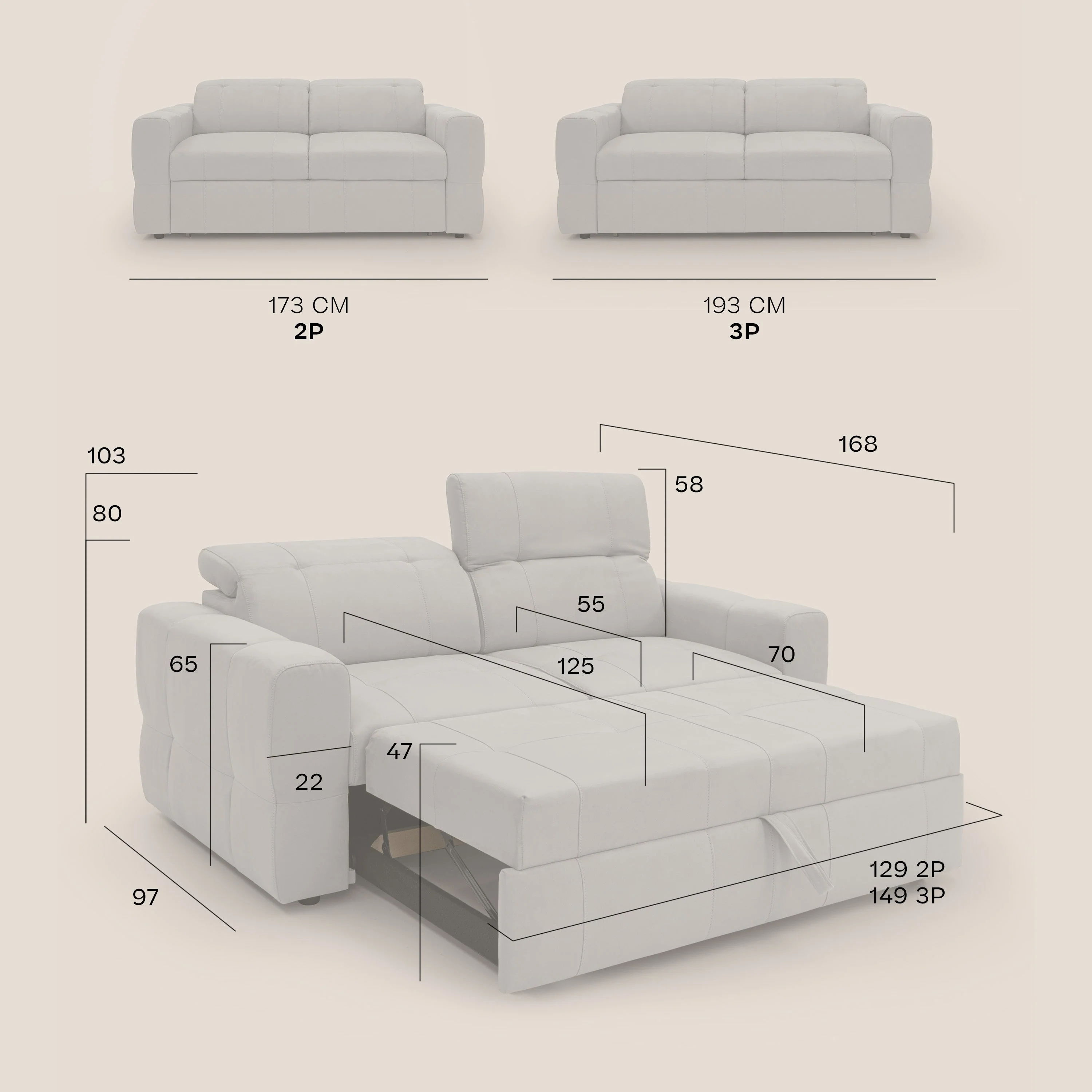 Kronos Canapé avec pouf extractible et têtières inclinalbes en microfibre douce imperméable T11 beige - Image 13