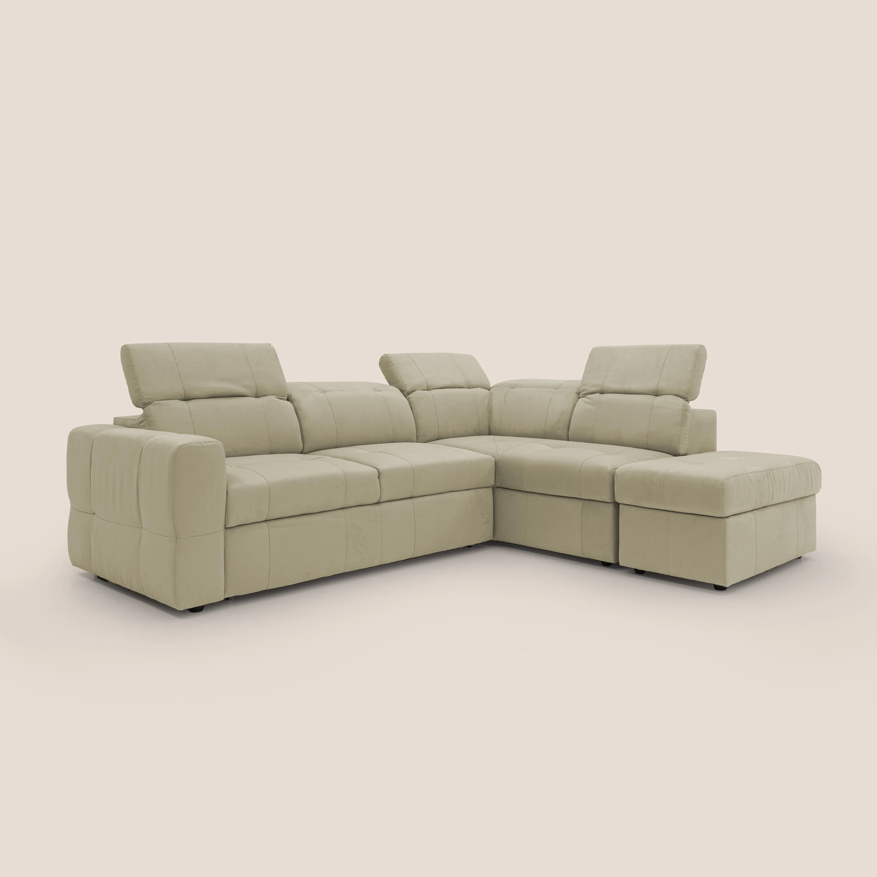 Kronos Canapé d'angle avec extractible et pouf coffre en micorfibre imperméable T11 beige - Image 10