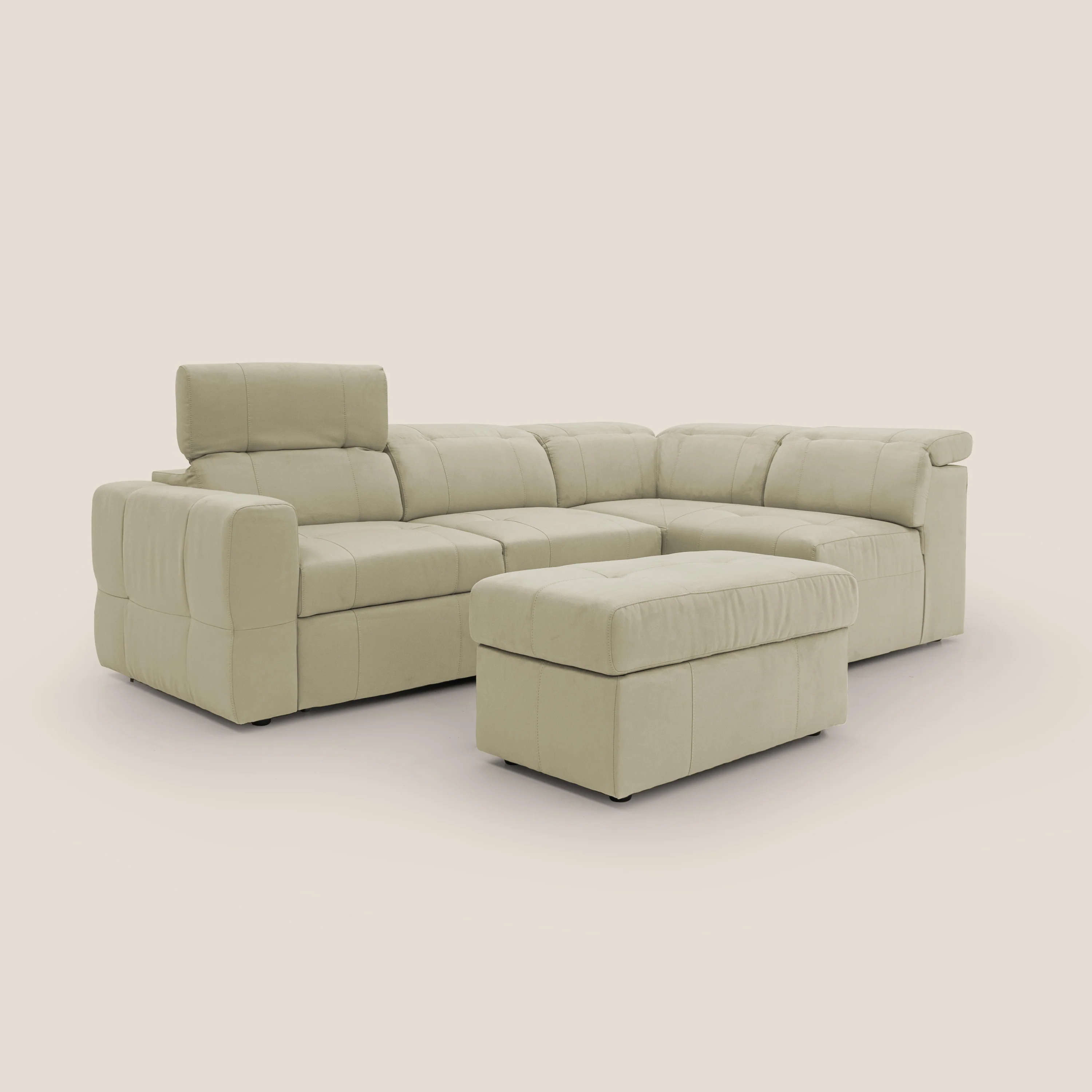 Kronos Canapé d'angle avec extractible et pouf coffre en micorfibre imperméable T11 beige - Image 3