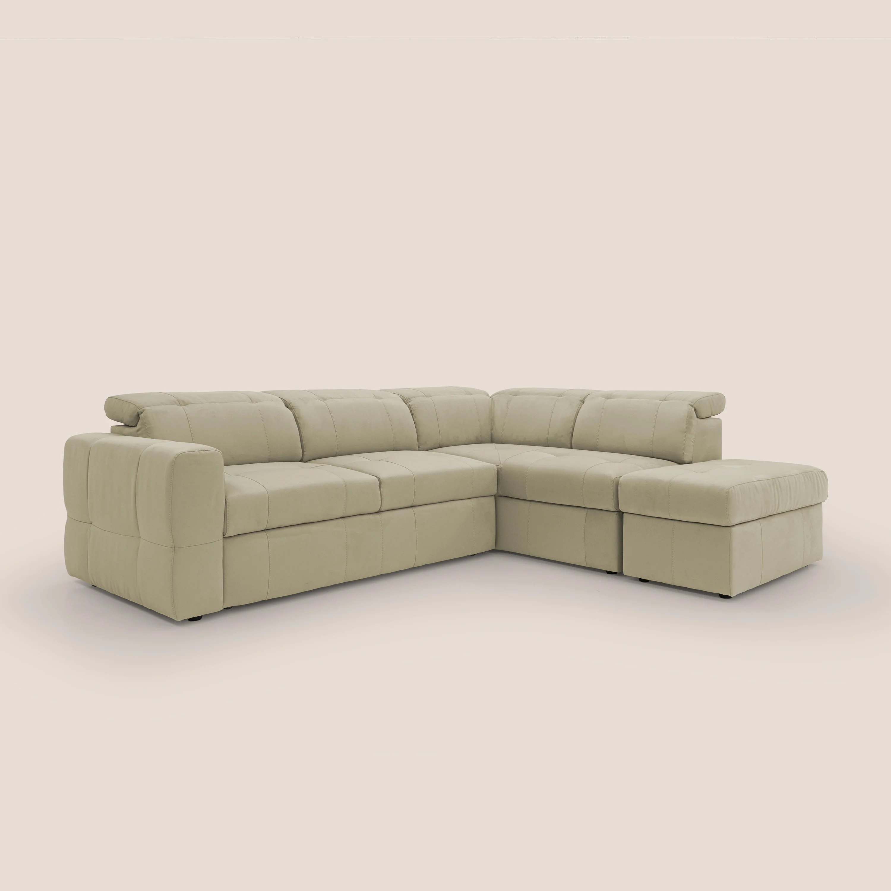 Kronos Canapé d'angle avec extractible et pouf coffre en micorfibre imperméable T11 beige - Image 4