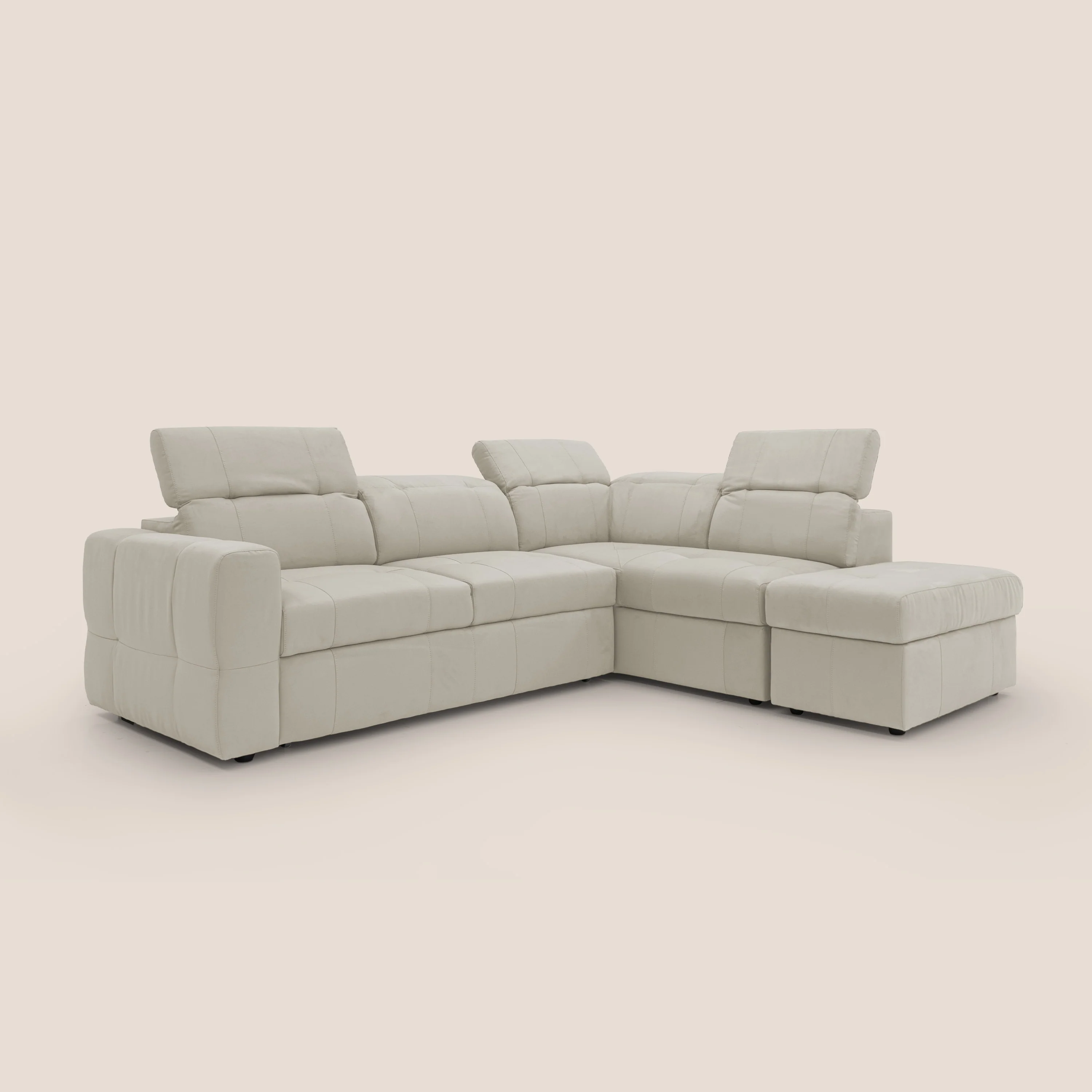 Kronos Canapé d'angle avec extractible et pouf coffre en micorfibre imperméable T11 crème - Image 10
