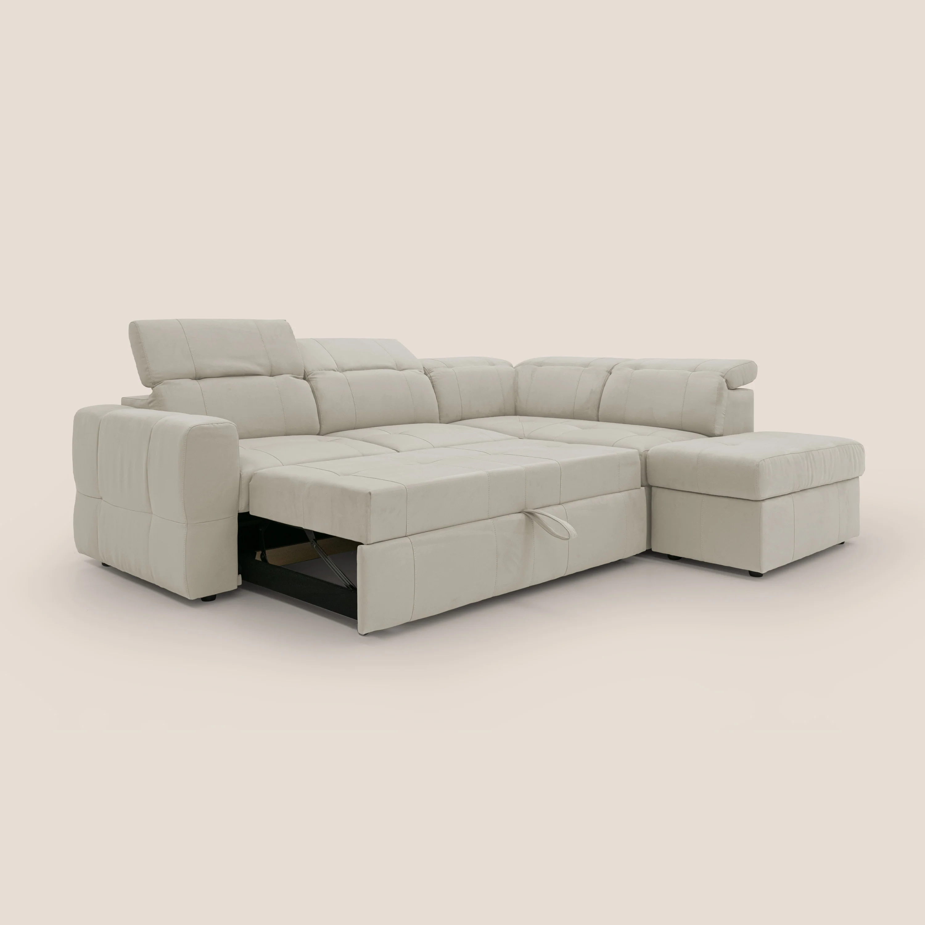 Kronos Canapé d'angle avec extractible et pouf coffre en micorfibre imperméable T11 crème - Image 12