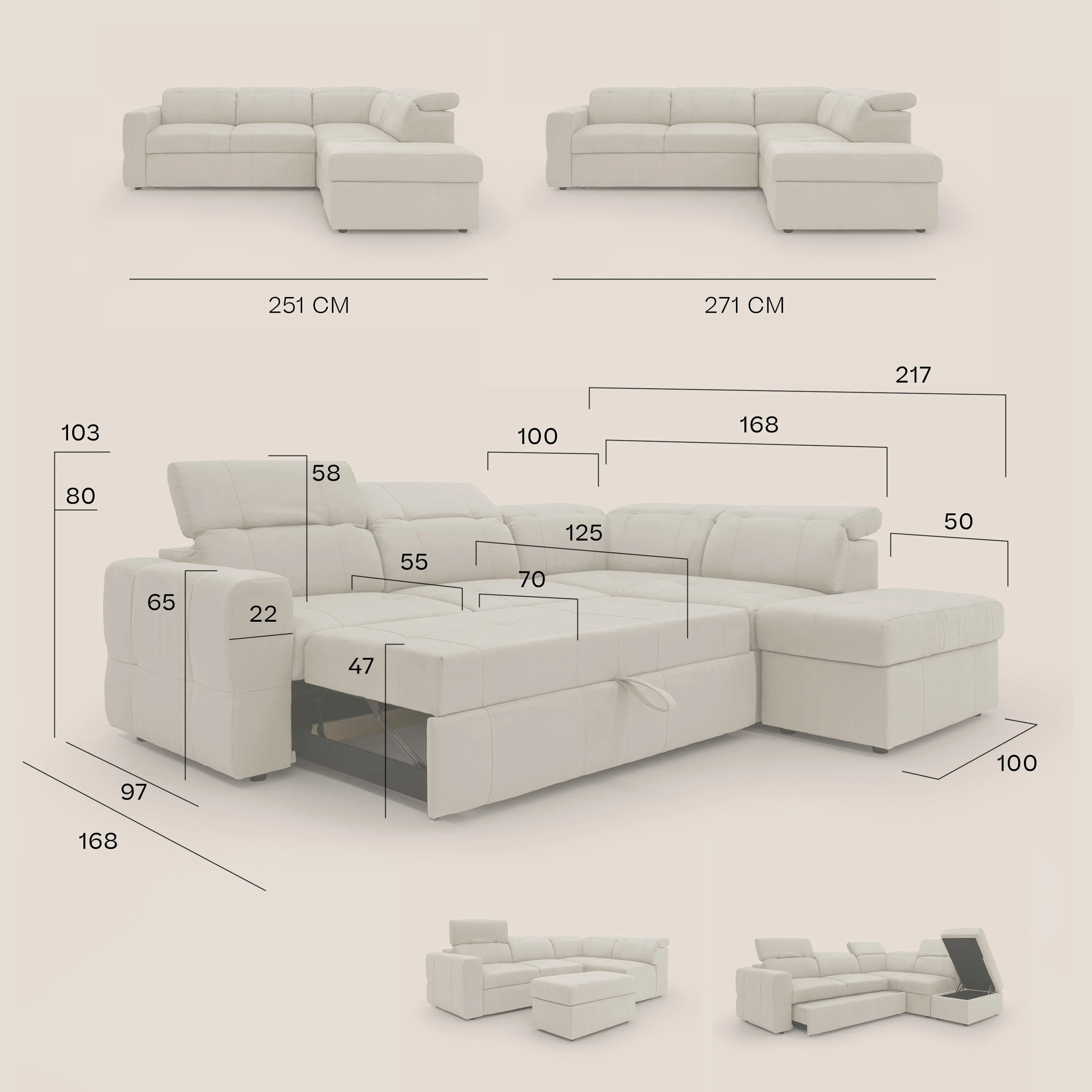 Kronos Canapé d'angle avec extractible et pouf coffre en micorfibre imperméable T11 crème - Image 18