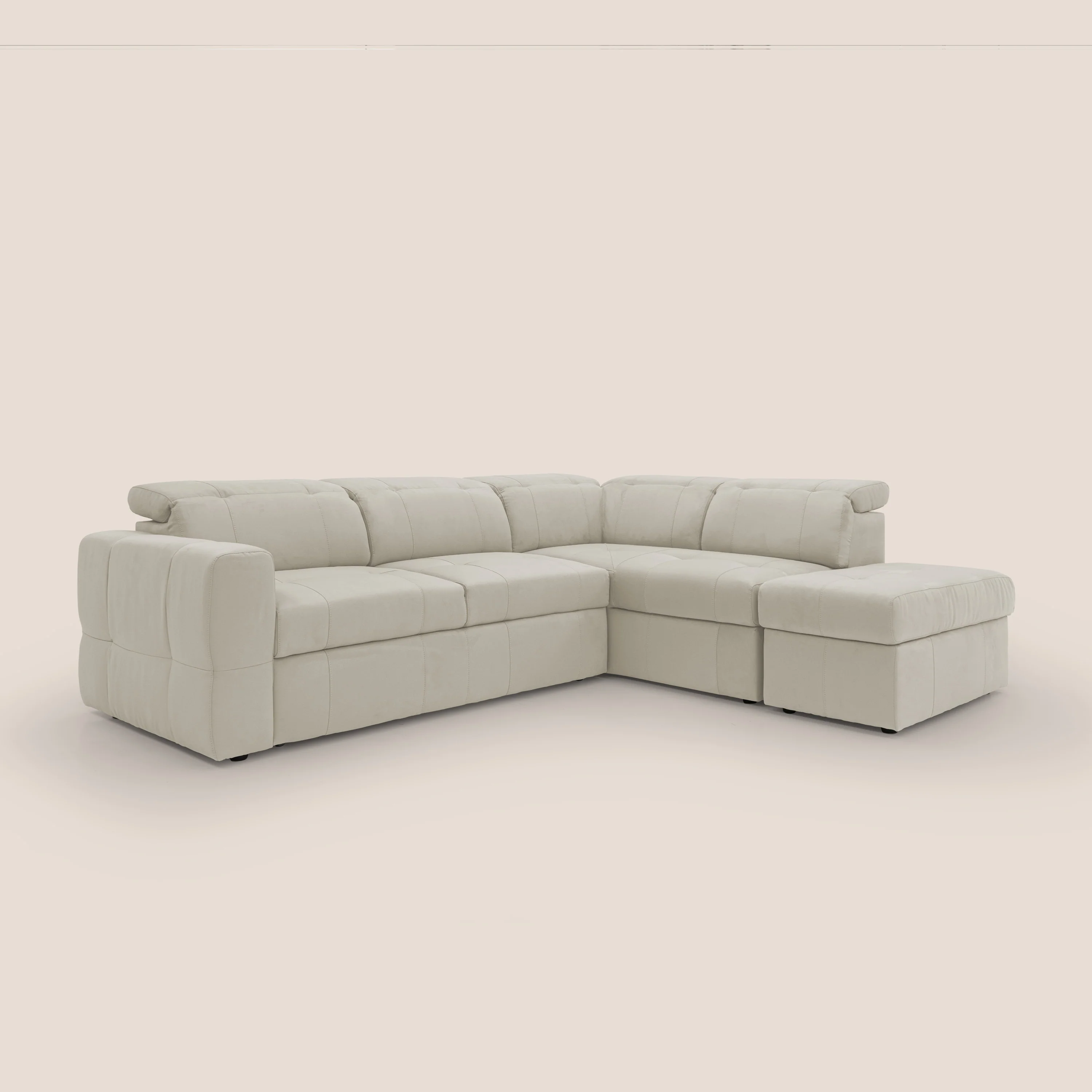 Kronos Canapé d'angle avec extractible et pouf coffre en micorfibre imperméable T11 crème - Image 4