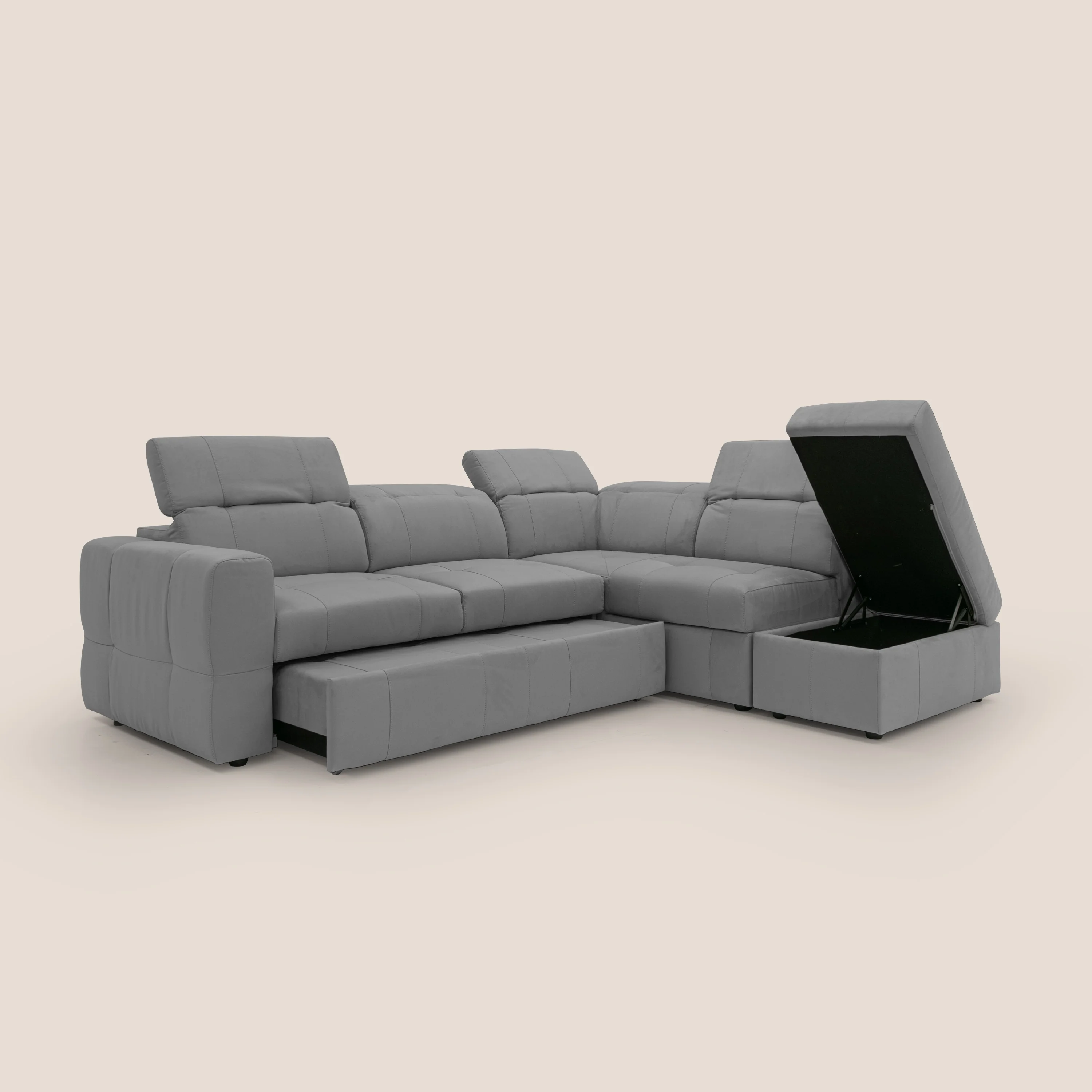 Kronos Canapé d'angle avec extractible et pouf coffre en micorfibre imperméable T11 gris - Image 7