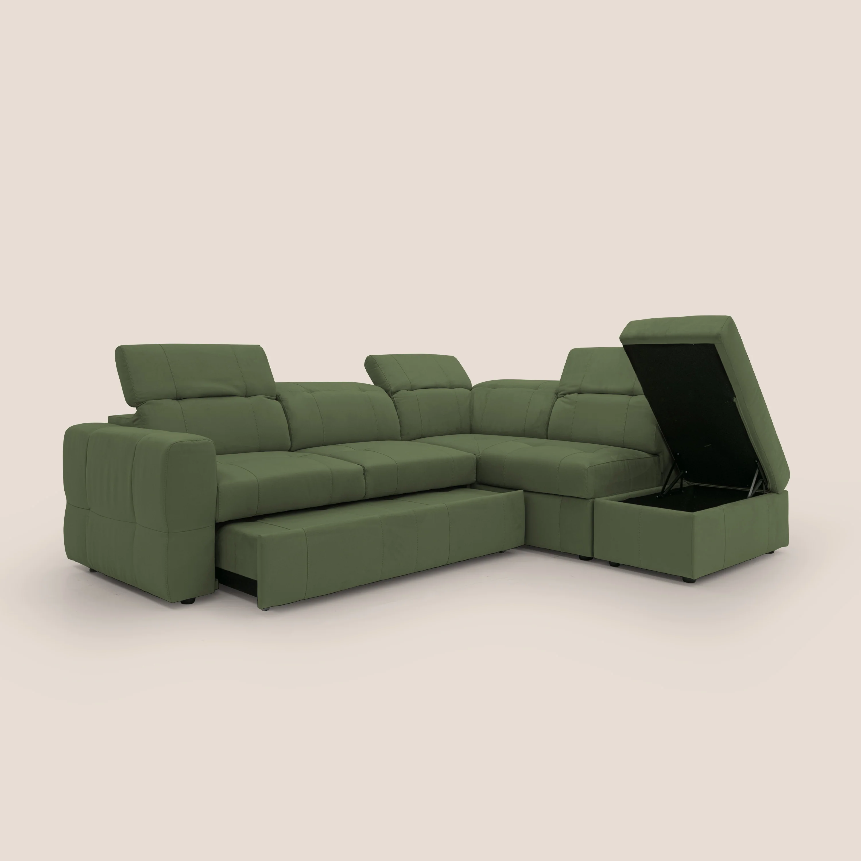 Kronos Canapé d'angle avec extractible et pouf coffre en micorfibre imperméable T11 vert - Image 7