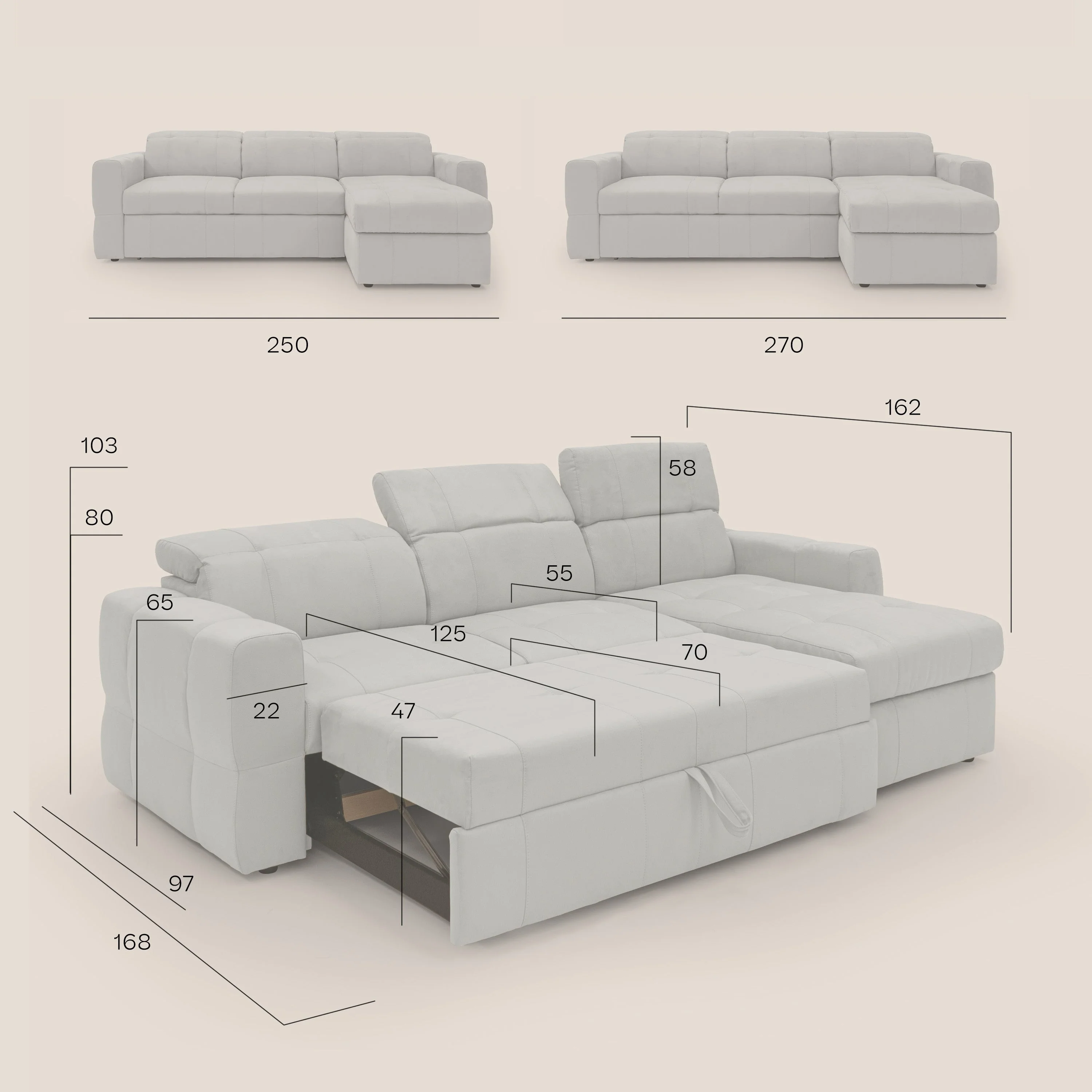 Kronos Canapé d'angle avec pouf extractible et coffre de rangement en microfibre imperméable T11 beige - Image 15