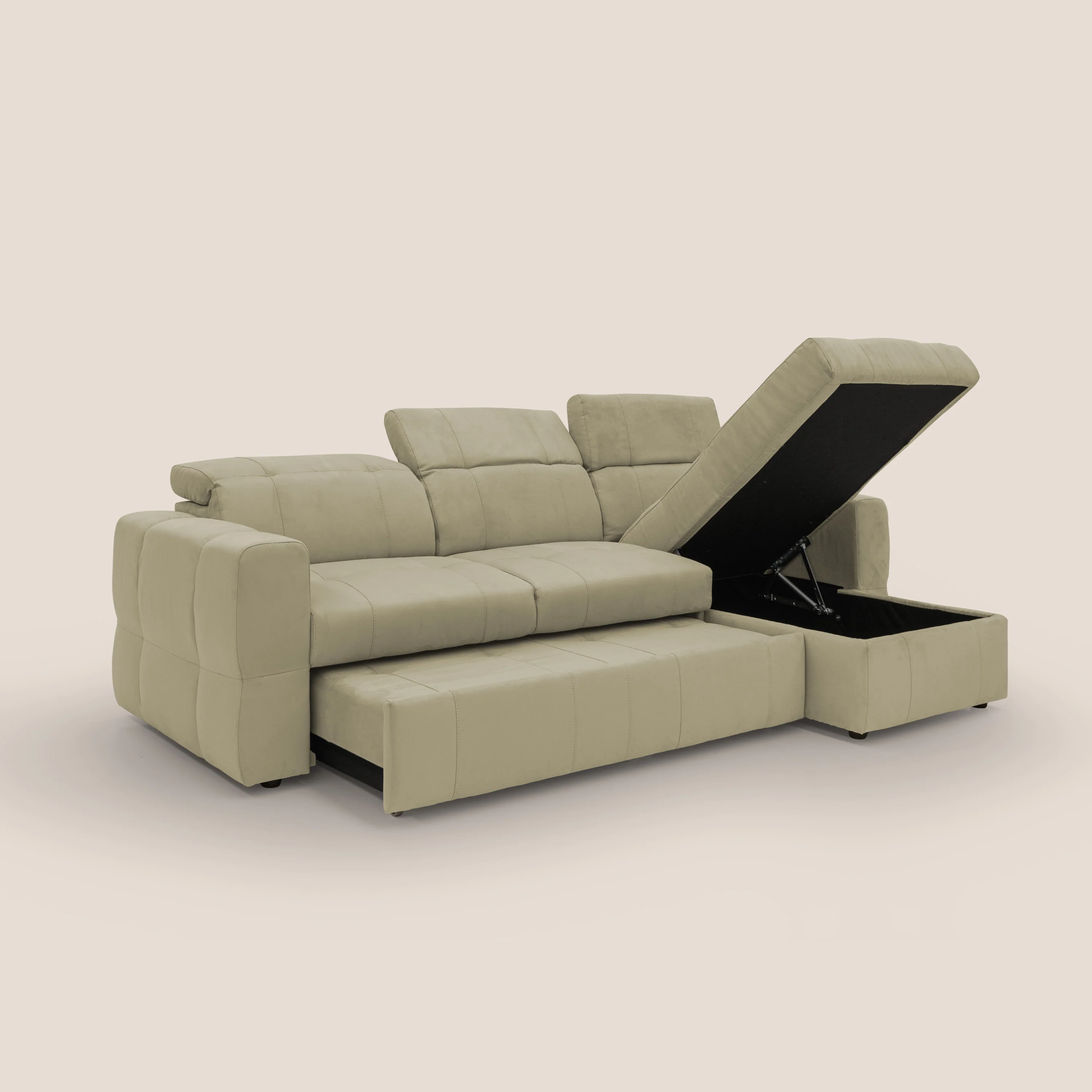 Kronos Canapé d'angle avec pouf extractible et coffre de rangement en microfibre imperméable T11 beige - Image 4