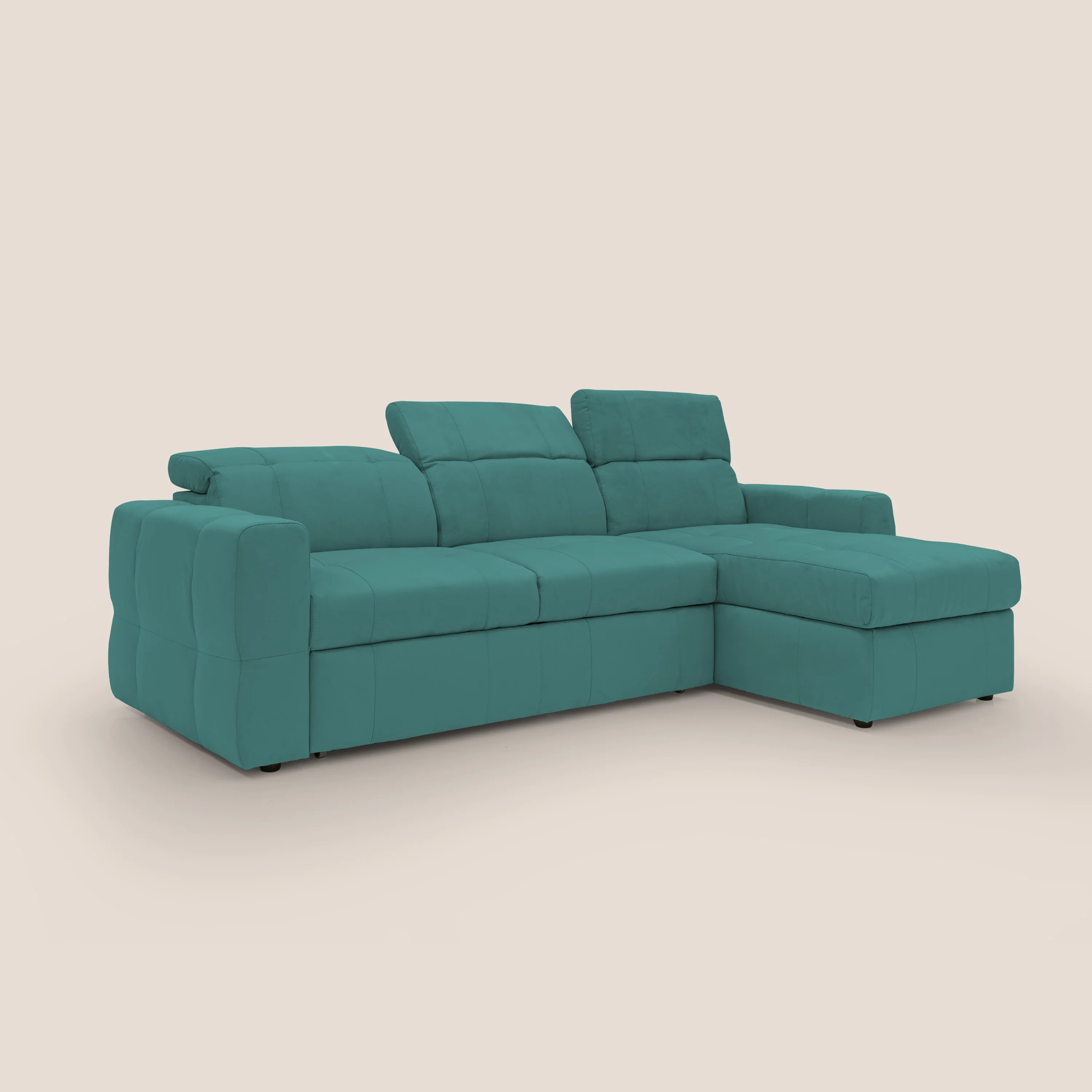 Kronos Canapé d'angle avec pouf extractible et coffre de rangement en microfibre imperméable T11 bleu canard - Image 3