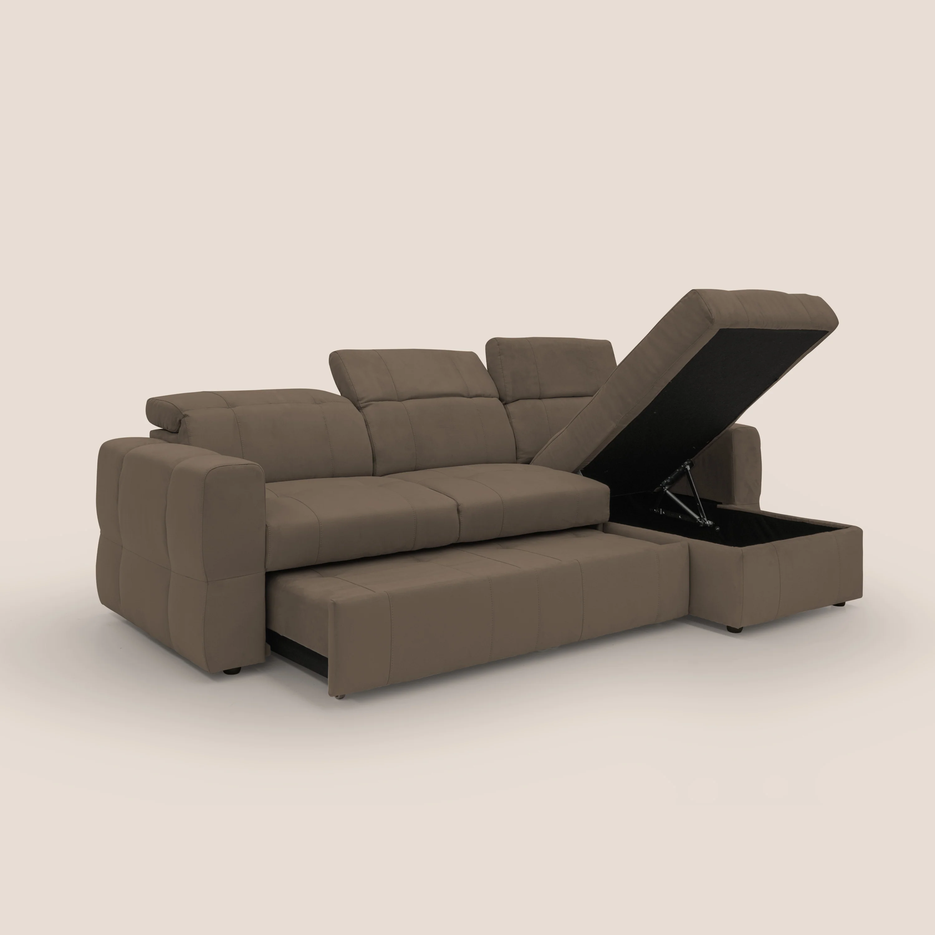 Kronos Canapé d'angle avec pouf extractible et coffre de rangement en microfibre imperméable T11 marron - Image 4
