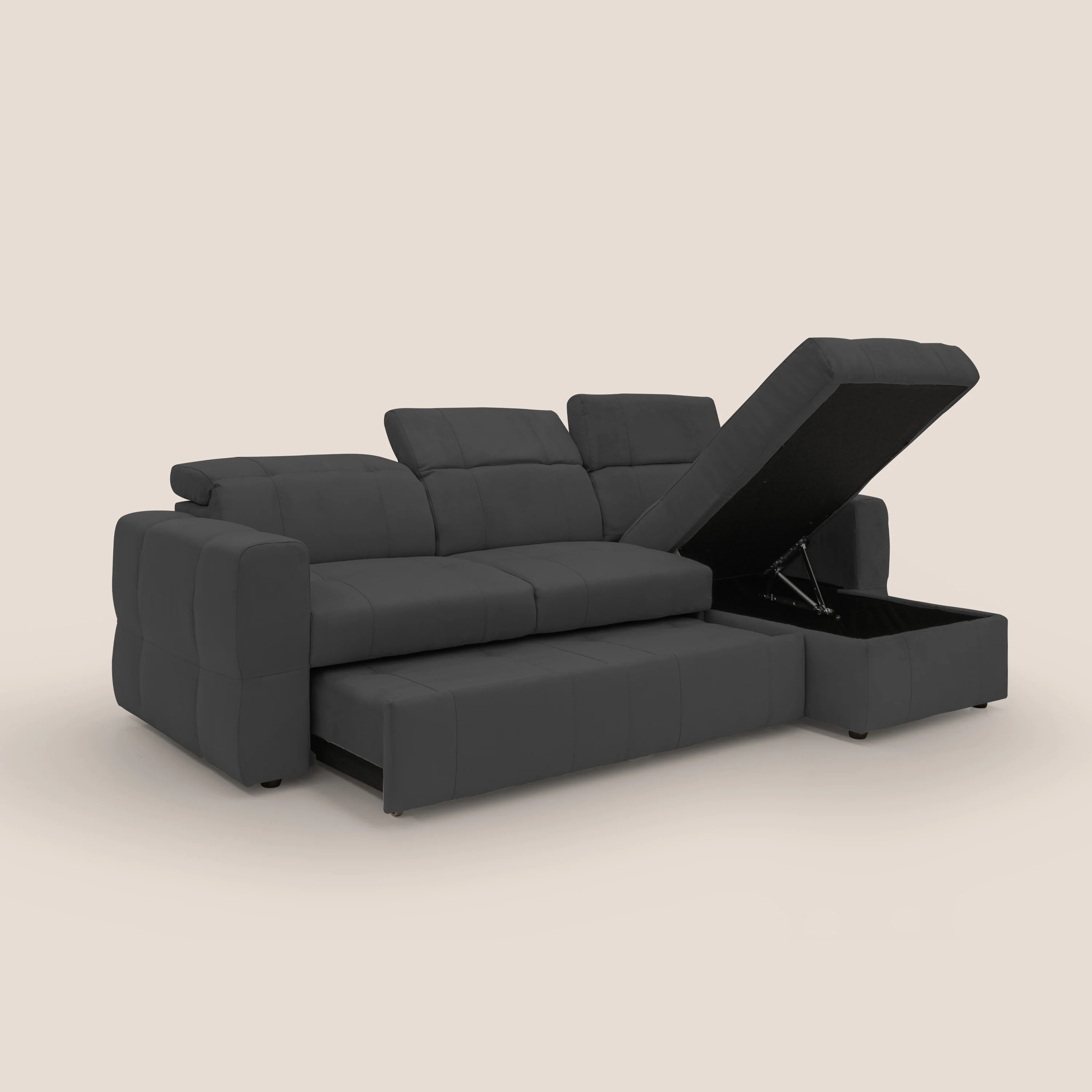 Kronos Canapé d'angle avec pouf extractible et coffre de rangement en microfibre imperméable T11 noir - Image 4