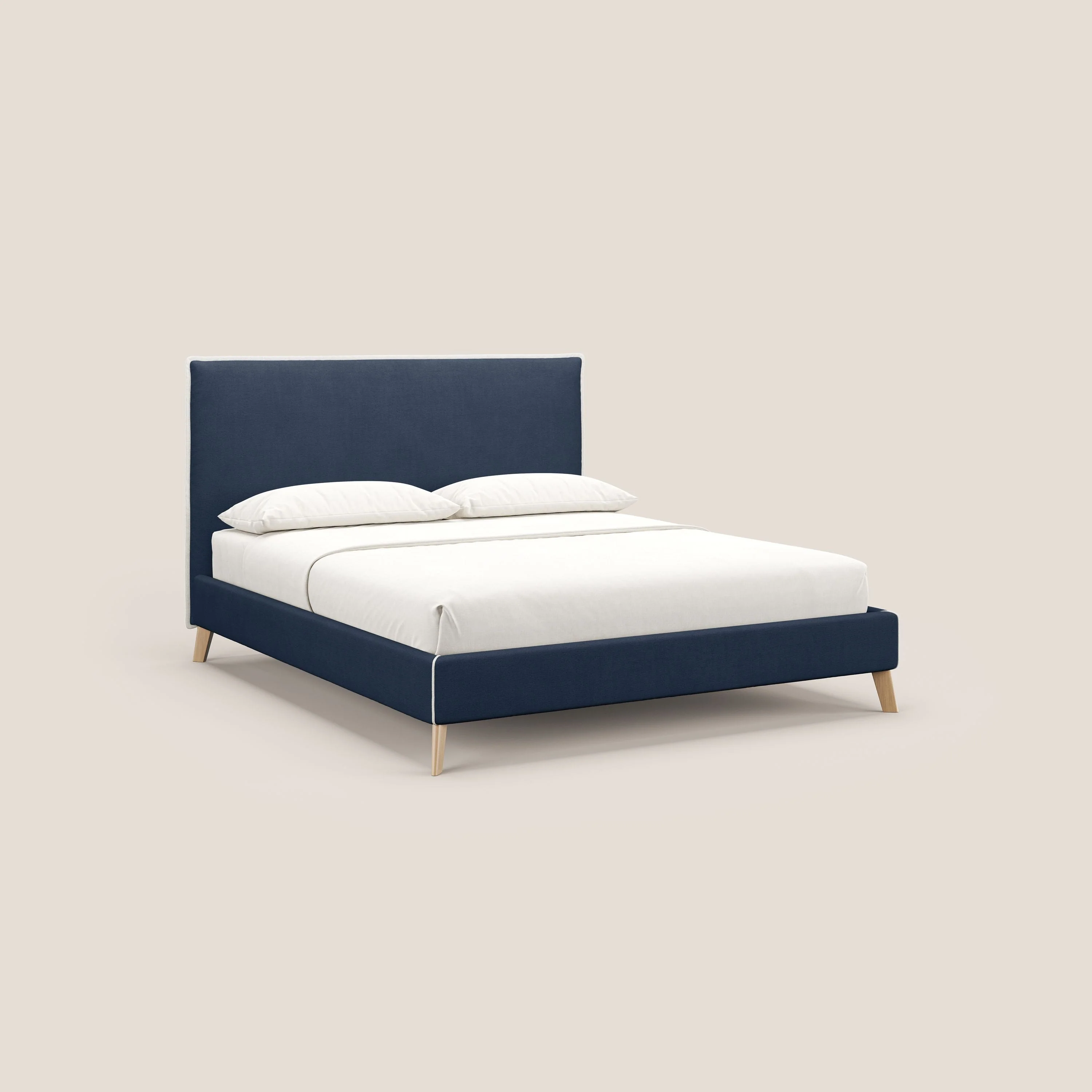 Lit rembourré Leila avec pieds en bois en tissu détachable T17 bleu - blanc
