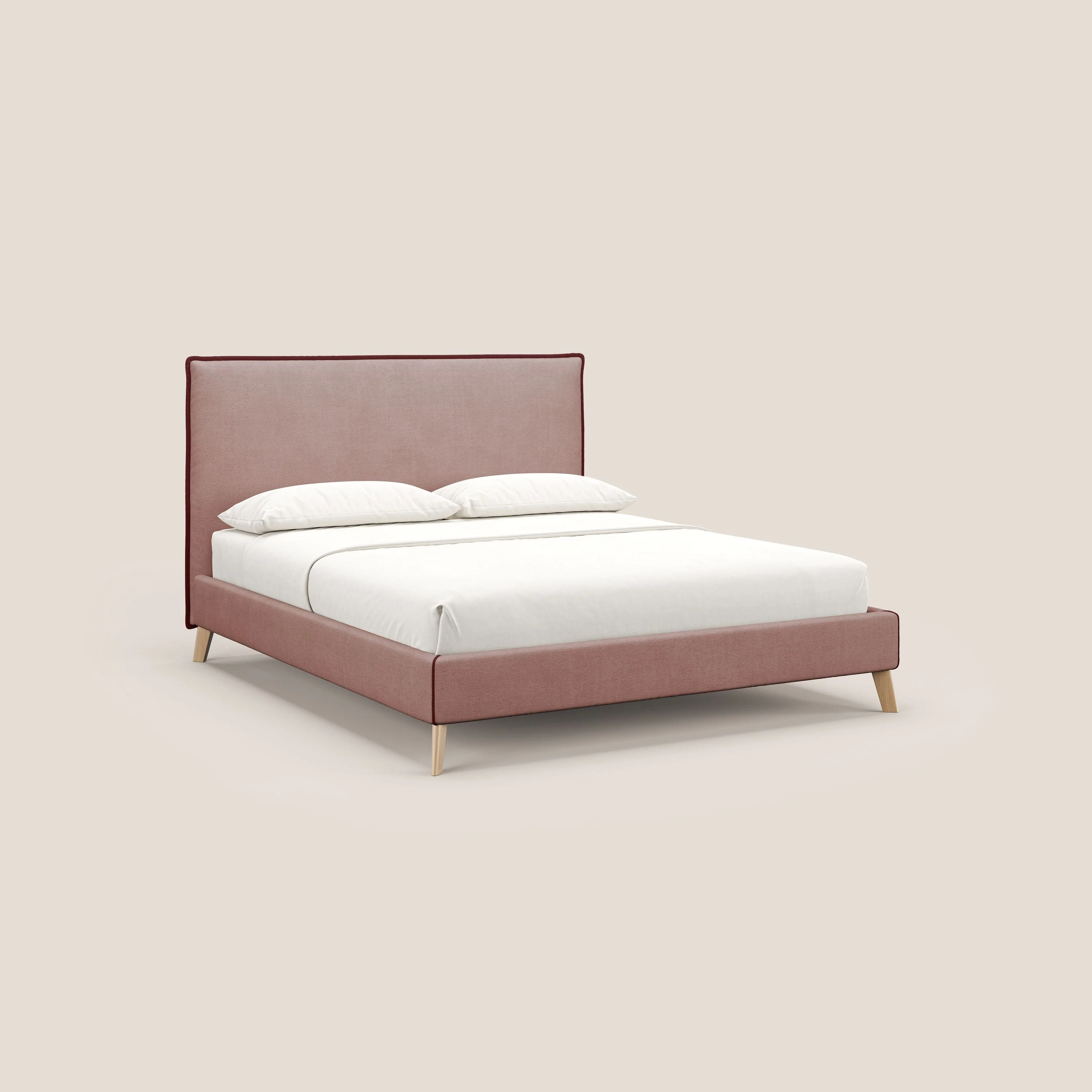 Leila lit rembourré avec pieds en bois et tissu détachable T17 rose - rouge