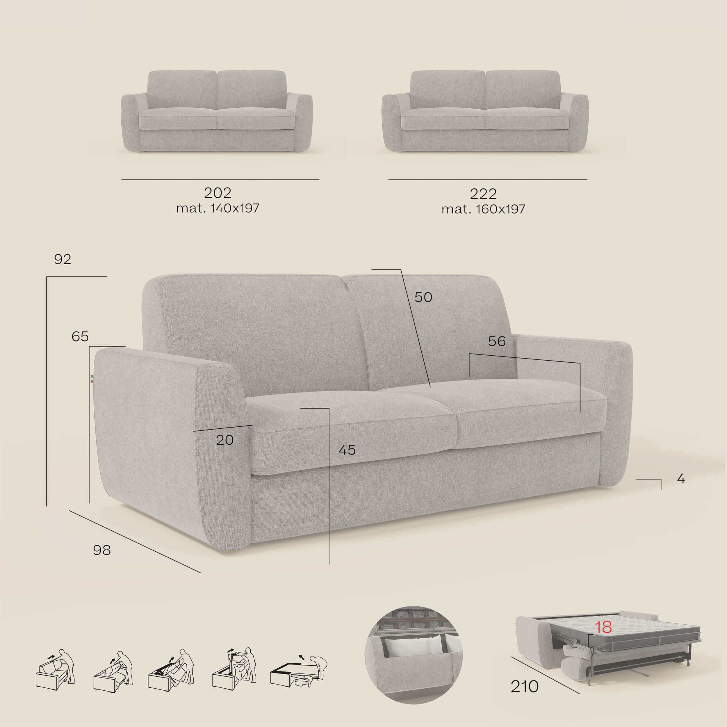 Leonida canapé convertible déhoussable et matelas H 18 cm - coffre à oreiller en tissu détachable T23 beige - Image 13