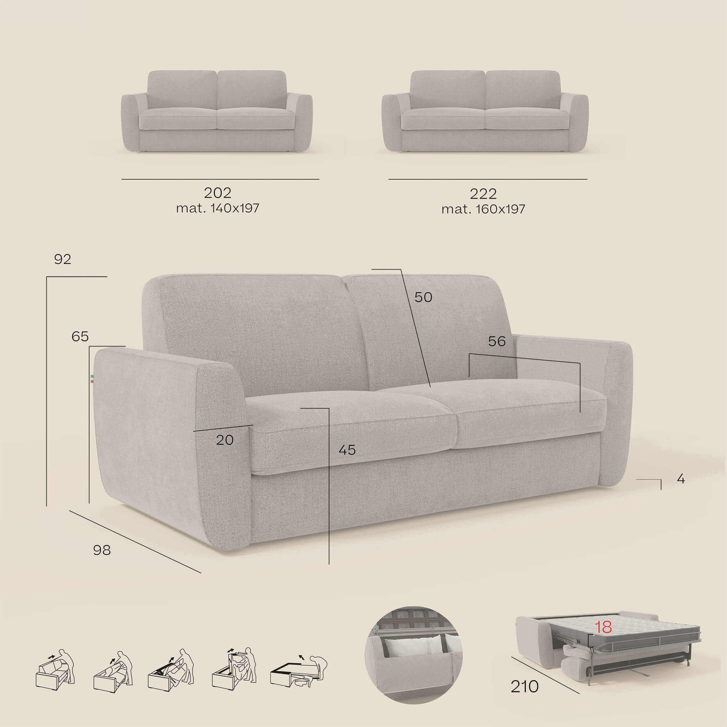 Leonida canapé convertible déhoussable et matelas H 18 cm - coffre à oreiller en tissu détachable T23 crème - Image 13