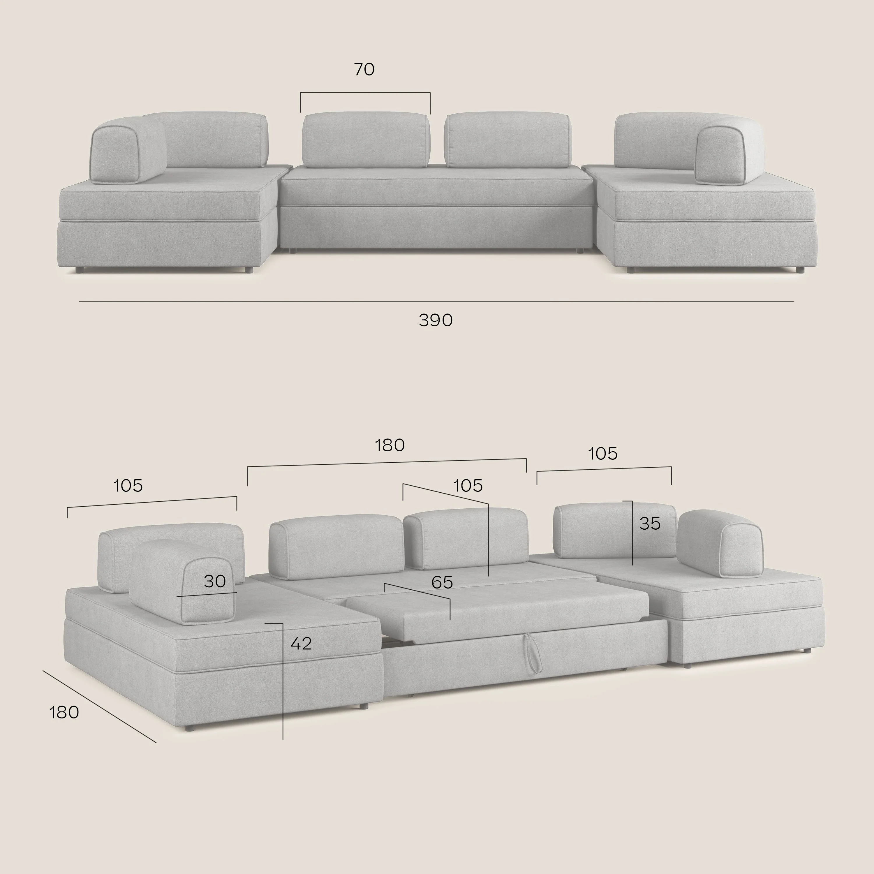 Liberty Canapé panoramique avec pouf extractible et dossiers amovibles en tissu doux imperméable T02 marron - Image 10