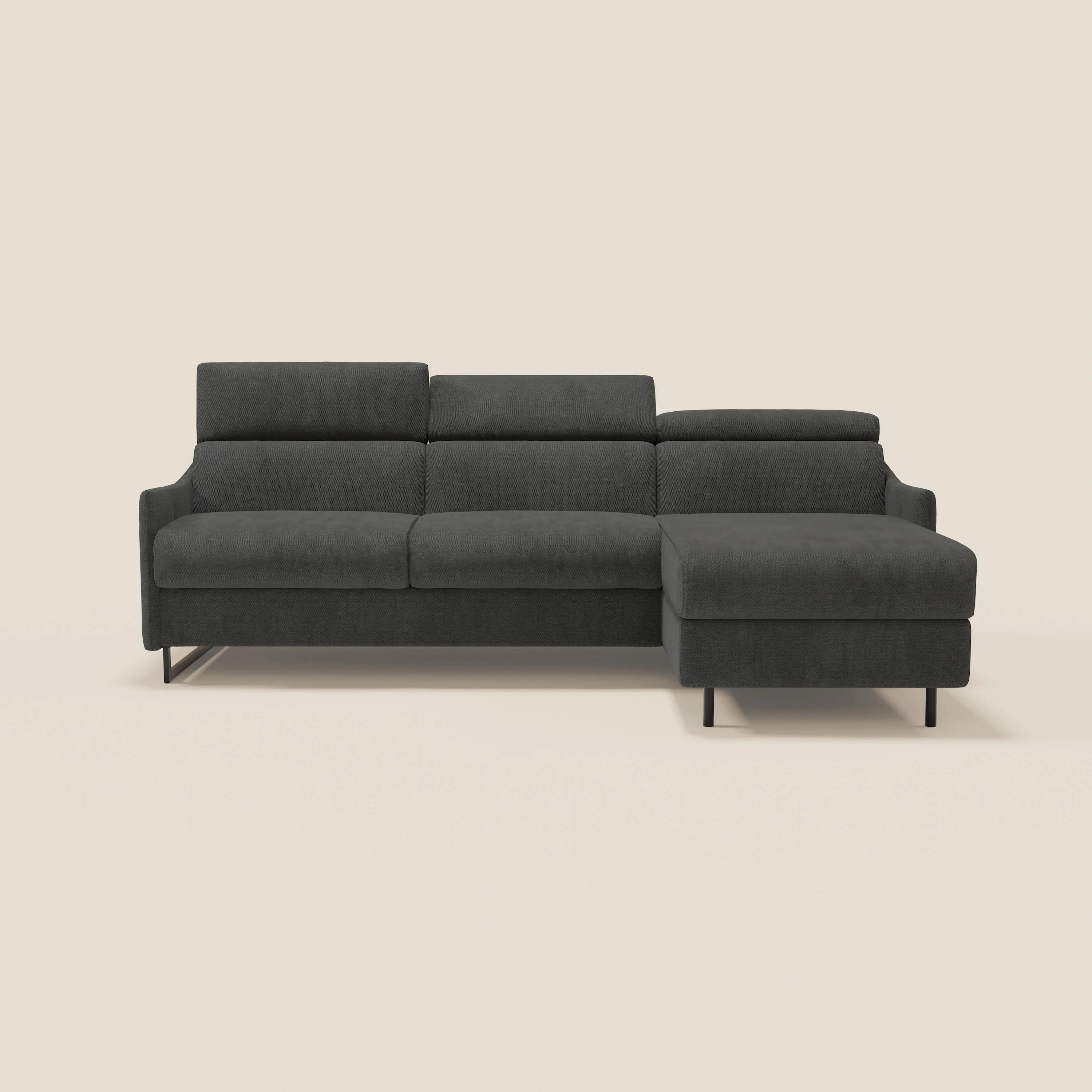 Loto Canapé d'angle convertible avec chaise longue coffre, têtières et matelas H 18 cm en tissu doux imperméable T14 anthracite