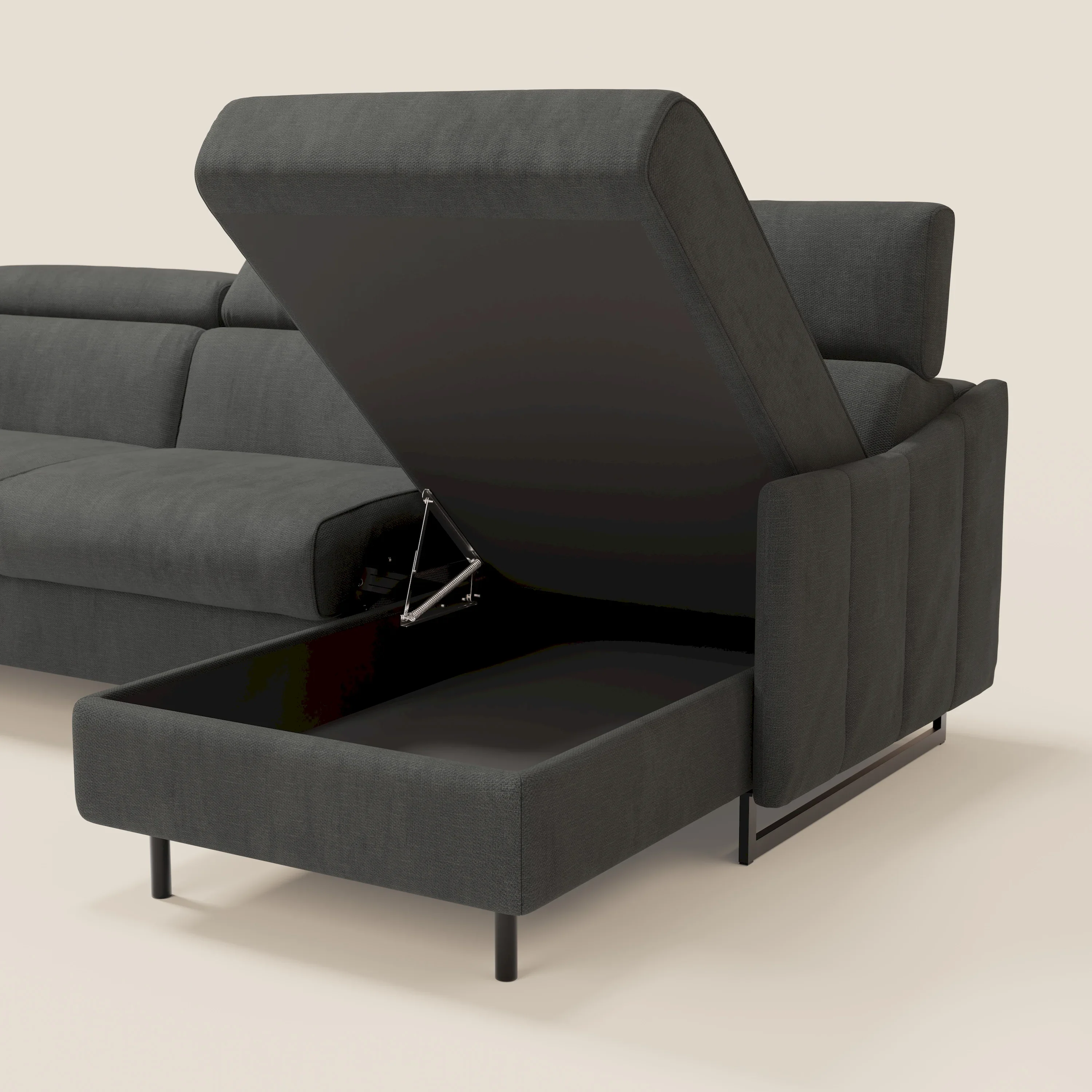 Loto Canapé d'angle convertible avec chaise longue coffre, têtières et matelas H 18 cm en tissu doux imperméable T14 anthracite - Image 5