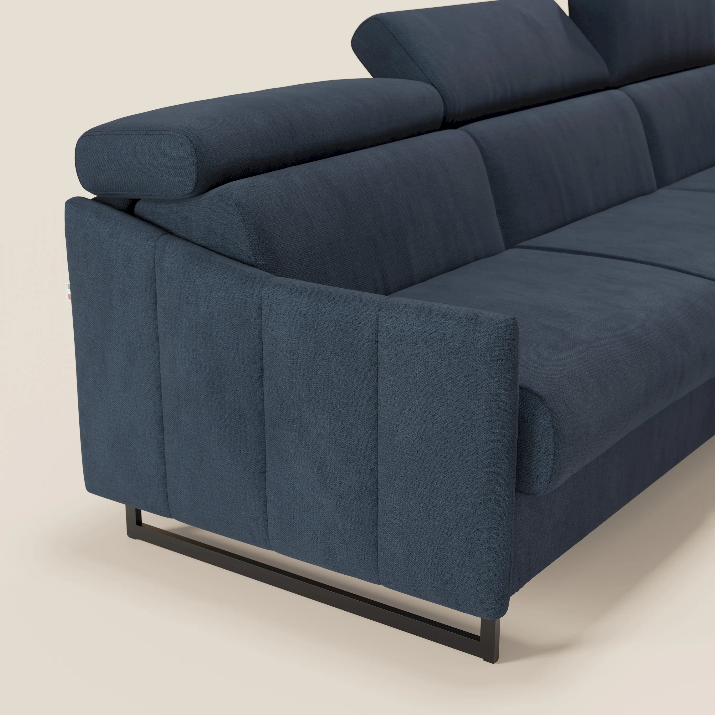 Loto Canapé d'angle convertible avec chaise longue coffre, têtières et matelas H 18 cm en tissu doux imperméable T14 bleu - Image 4