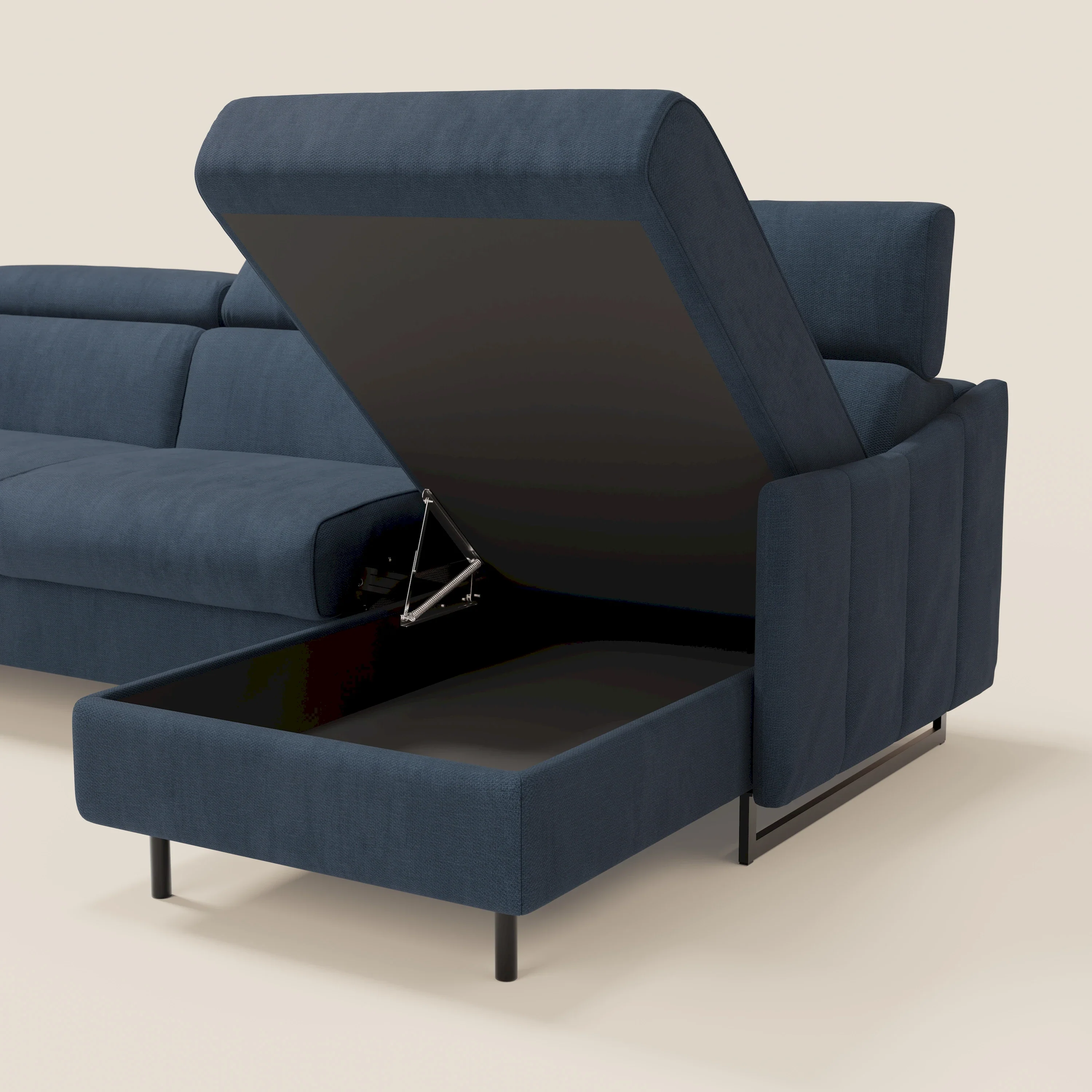 Loto Canapé d'angle convertible avec chaise longue coffre, têtières et matelas H 18 cm en tissu doux imperméable T14 bleu - Image 5