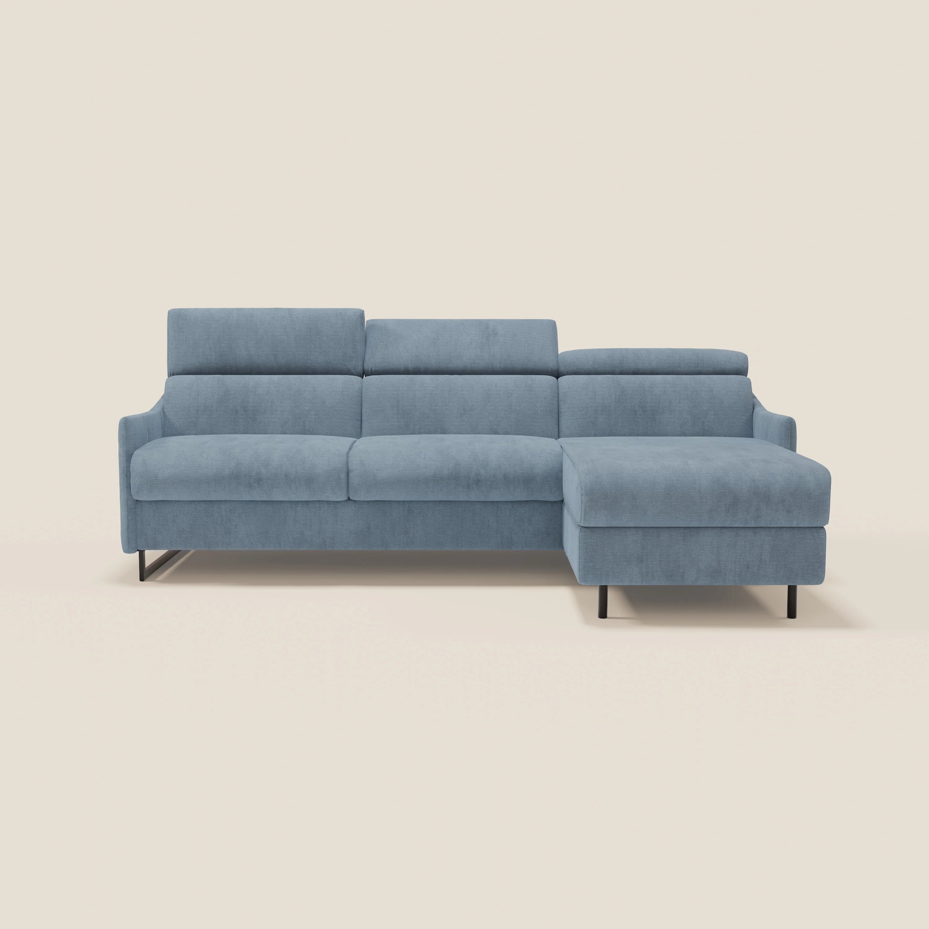 Loto Canapé d'angle convertible avec chaise longue coffre, têtières et matelas H 18 cm en tissu doux imperméable T14 bleu pastel