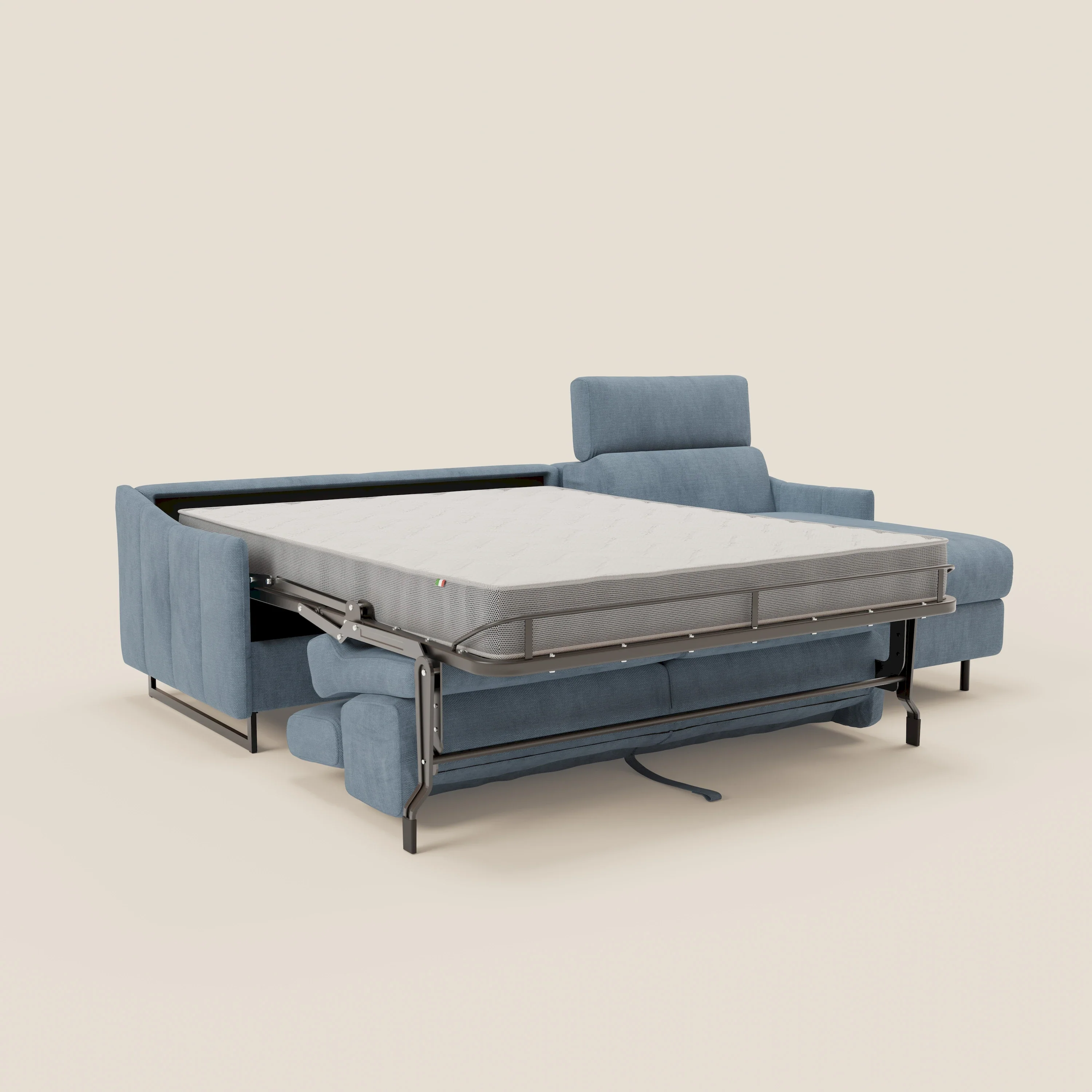 Loto Canapé d'angle convertible avec chaise longue coffre, têtières et matelas H 18 cm en tissu doux imperméable T14 bleu pastel - Image 11