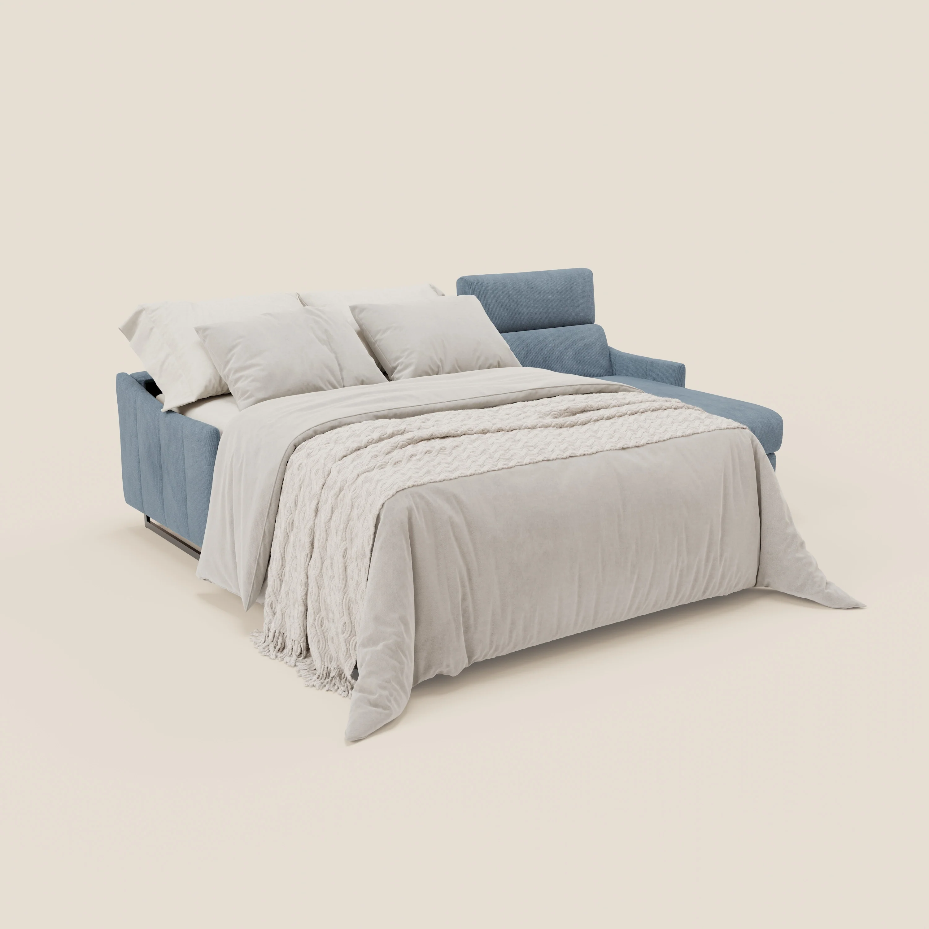 Loto Canapé d'angle convertible avec chaise longue coffre, têtières et matelas H 18 cm en tissu doux imperméable T14 bleu pastel - Image 2