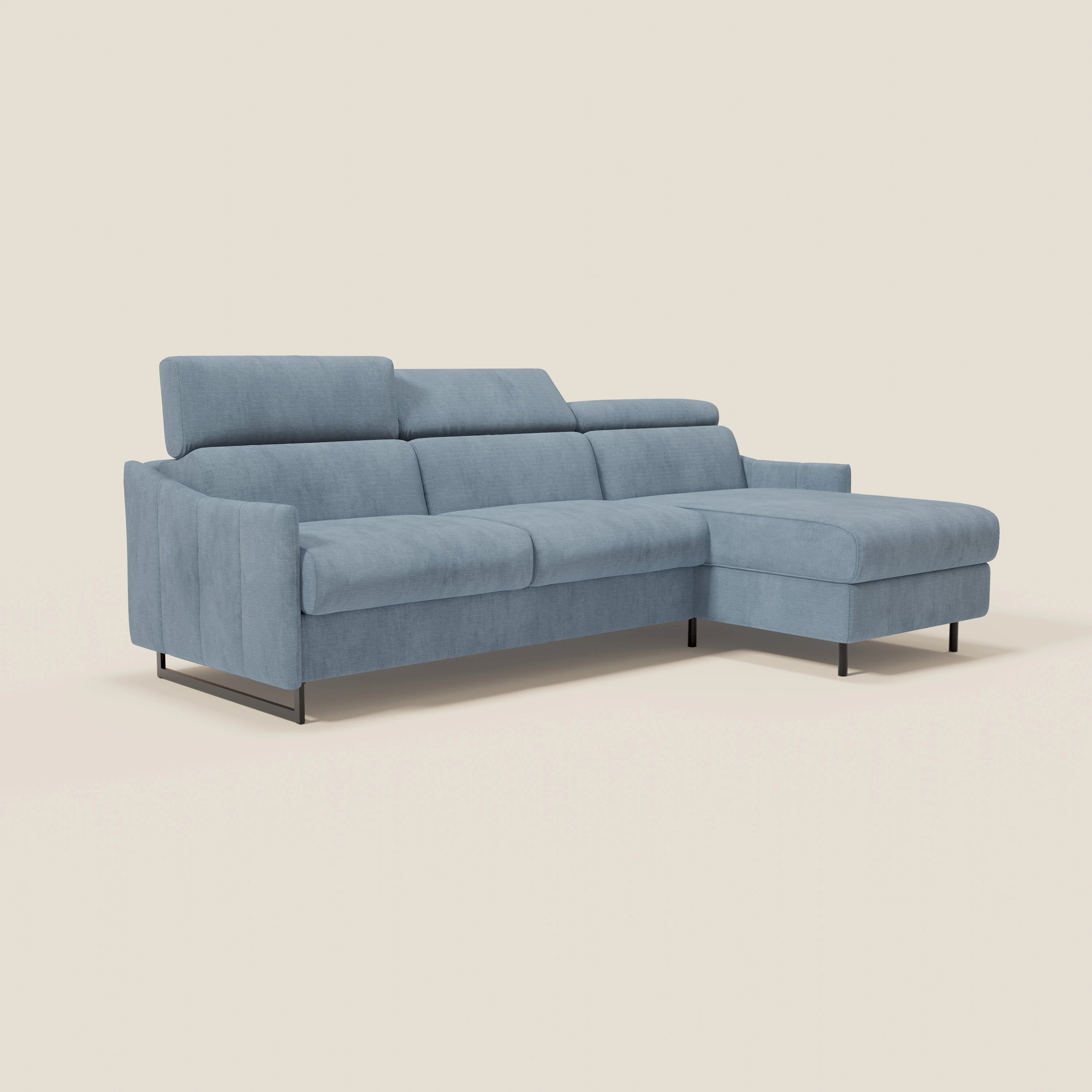 Loto Canapé d'angle convertible avec chaise longue coffre, têtières et matelas H 18 cm en tissu doux imperméable T14 bleu pastel - Image 3