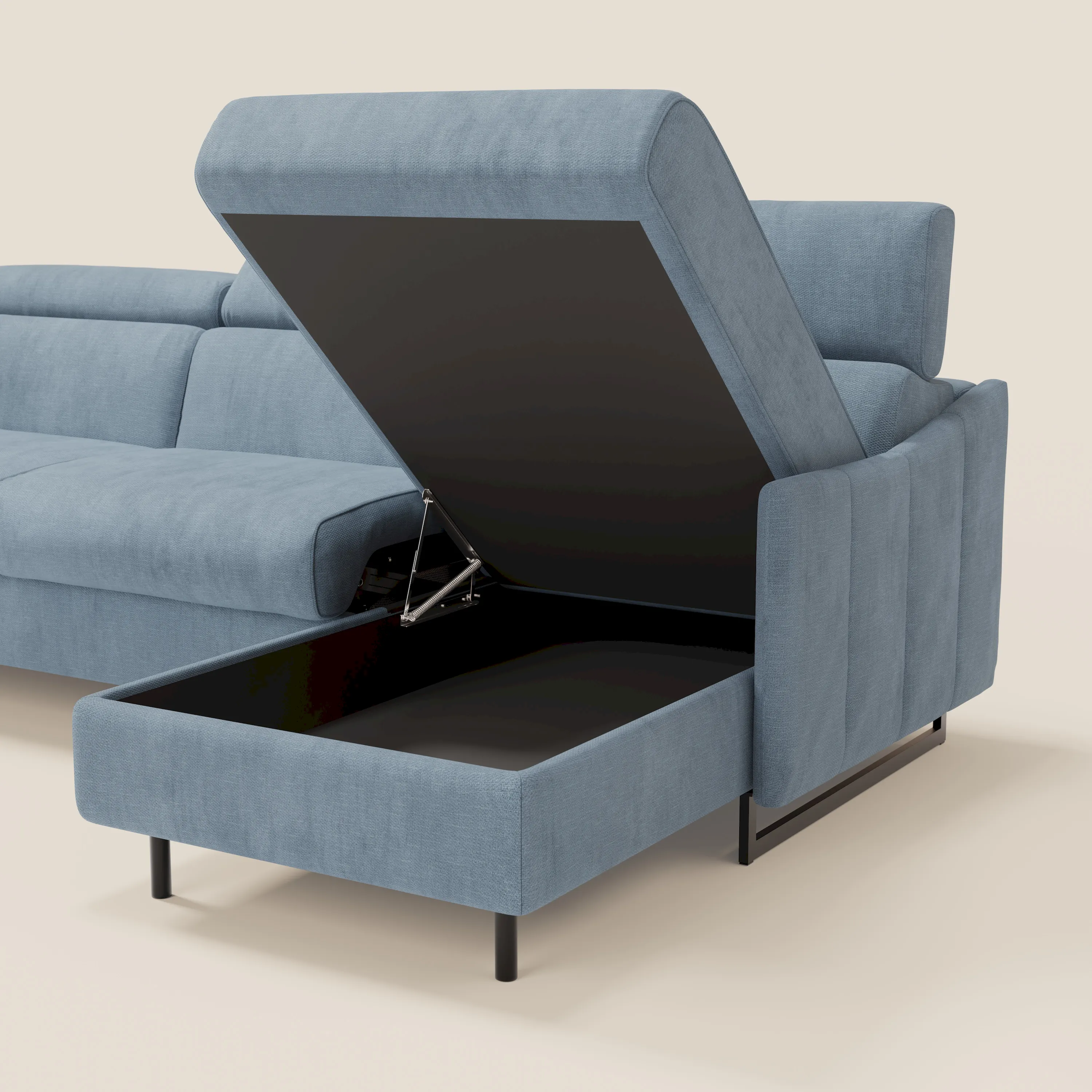 Loto Canapé d'angle convertible avec chaise longue coffre, têtières et matelas H 18 cm en tissu doux imperméable T14 bleu pastel - Image 5