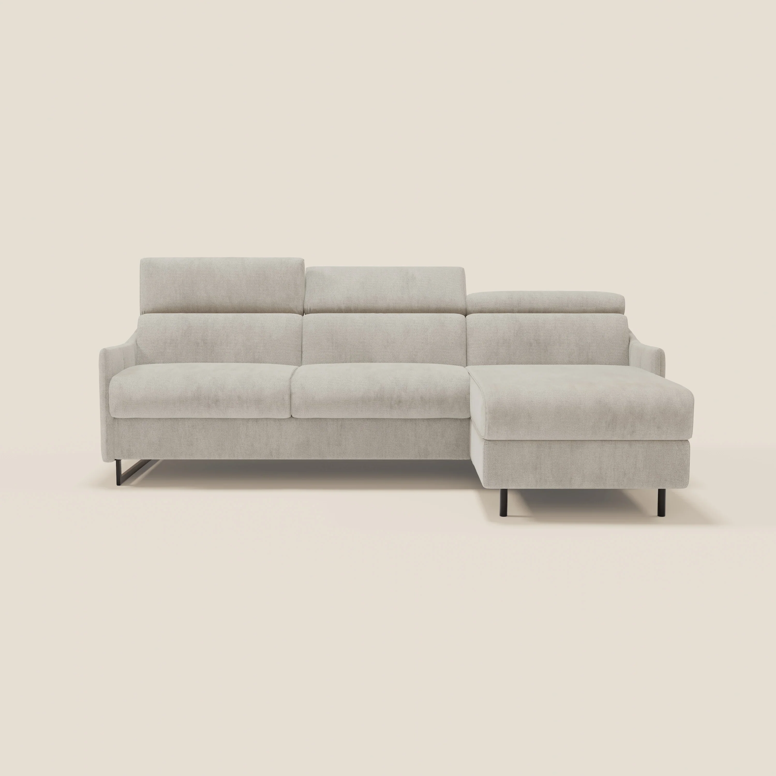 Loto Canapé d'angle convertible avec chaise longue coffre, têtières et matelas H 18 cm en tissu doux imperméable T14 crème
