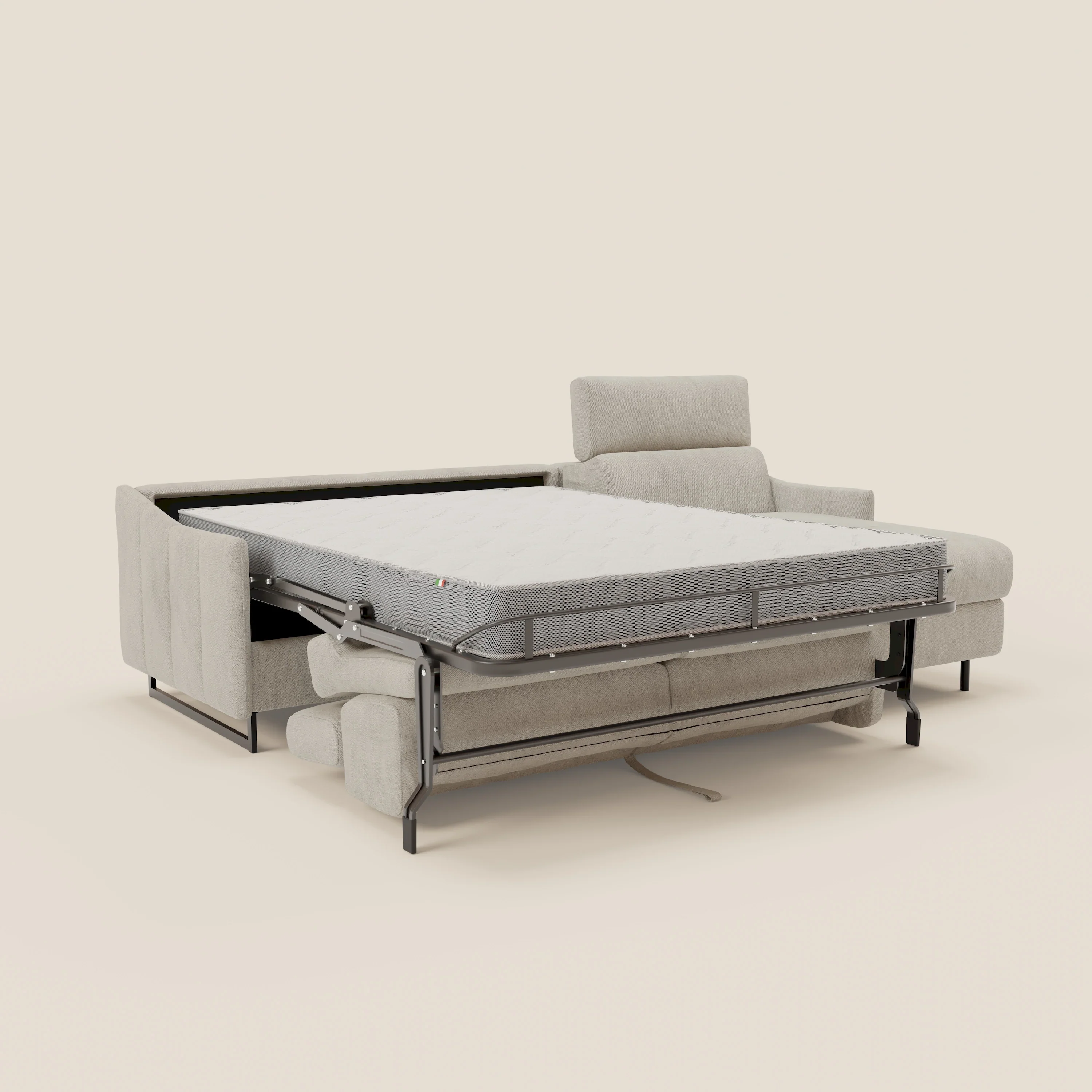 Loto Canapé d'angle convertible avec chaise longue coffre, têtières et matelas H 18 cm en tissu doux imperméable T14 crème - Image 11