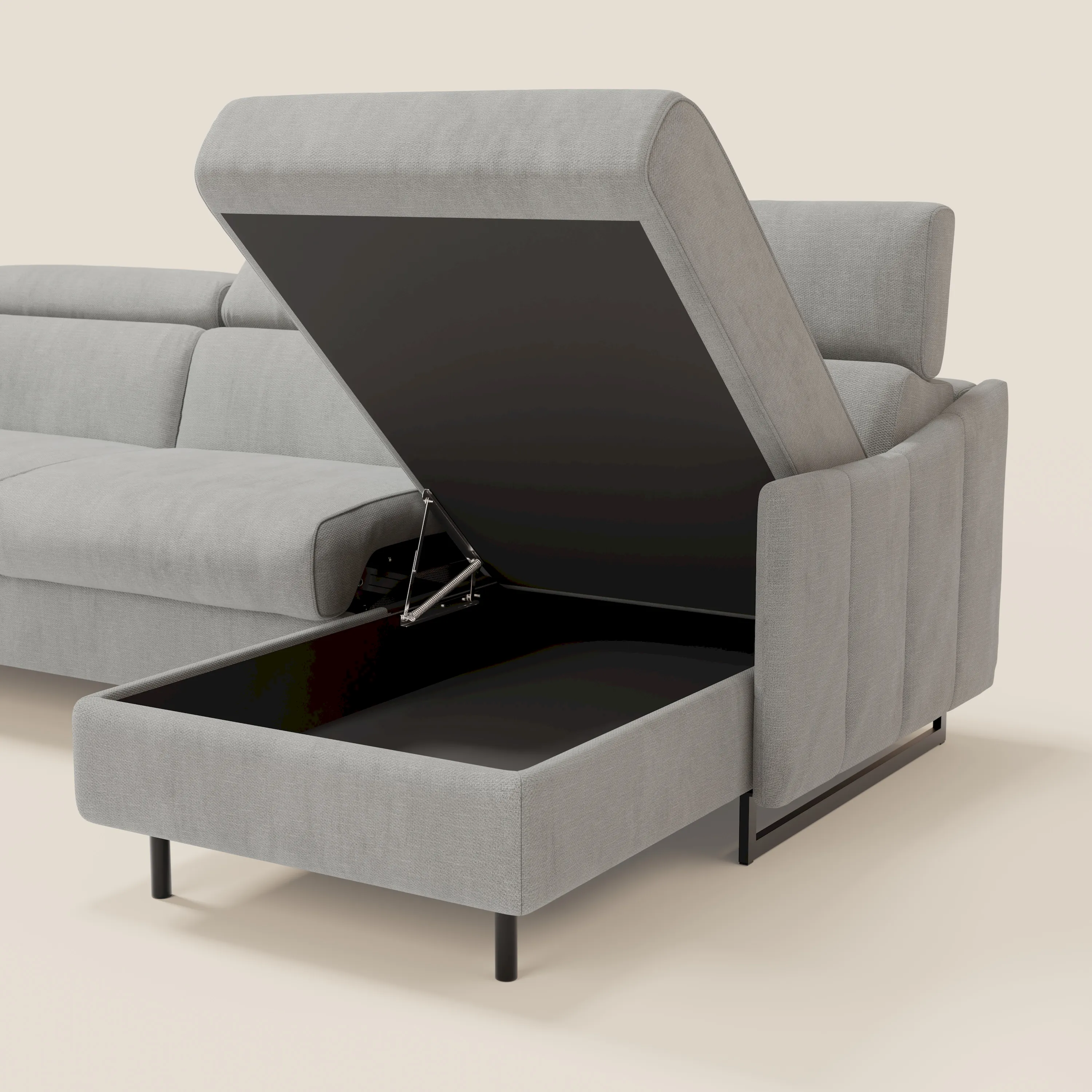 Loto Canapé d'angle convertible avec chaise longue coffre, têtières et matelas H 18 cm en tissu doux imperméable T14 gris clair - Image 5