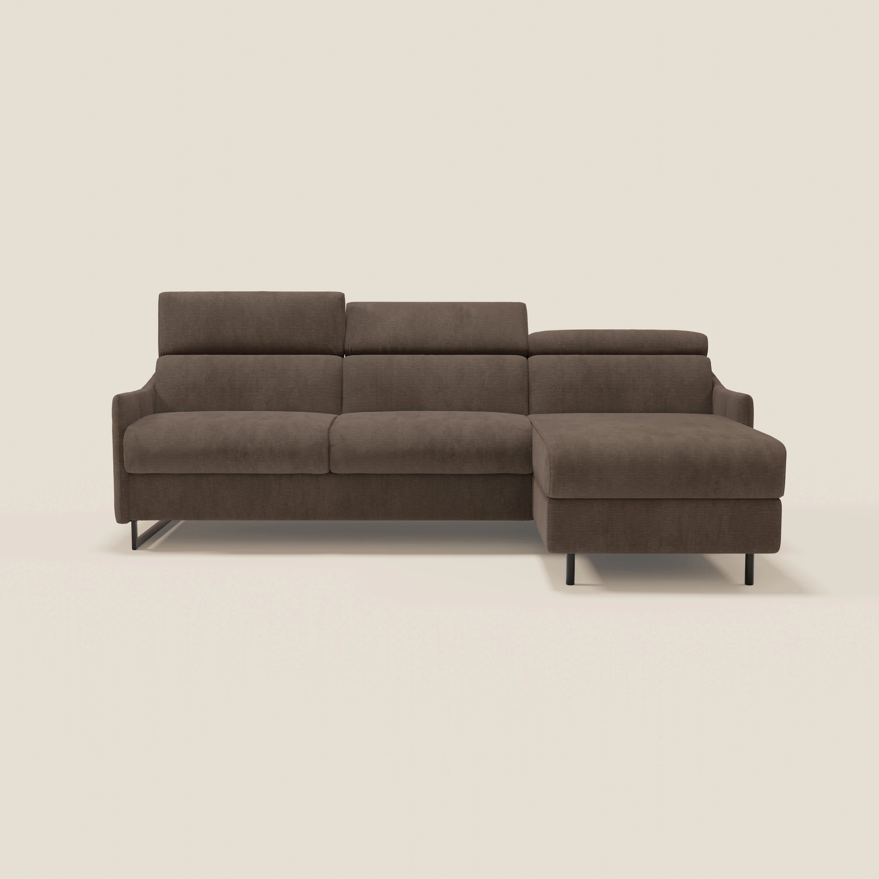 Loto Canapé d'angle convertible avec chaise longue coffre, têtières et matelas H 18 cm en tissu doux imperméable T14 marron