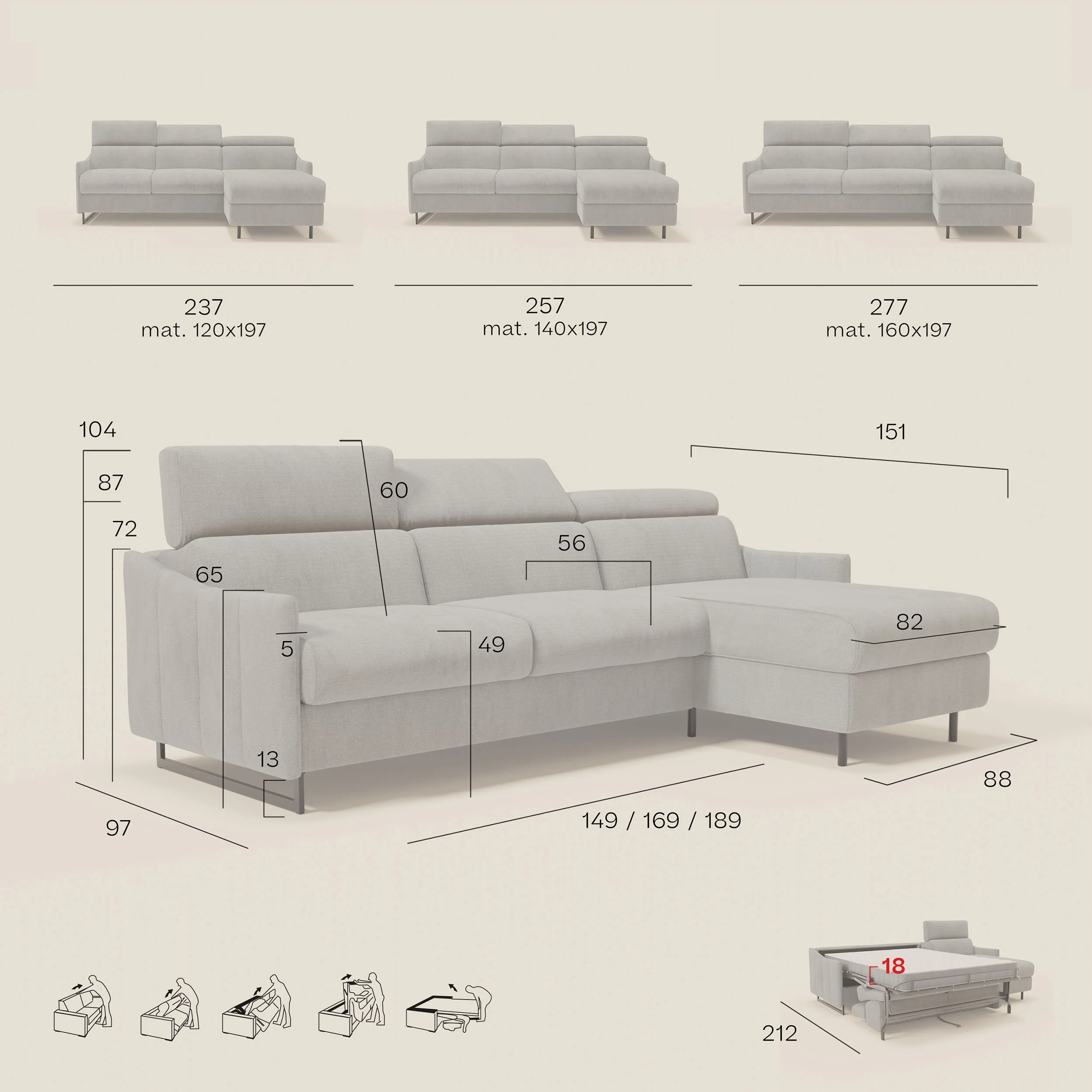 Loto Canapé d'angle convertible avec chaise longue coffre, têtières et matelas H 18 cm en tissu doux imperméable T14 marron - Image 14
