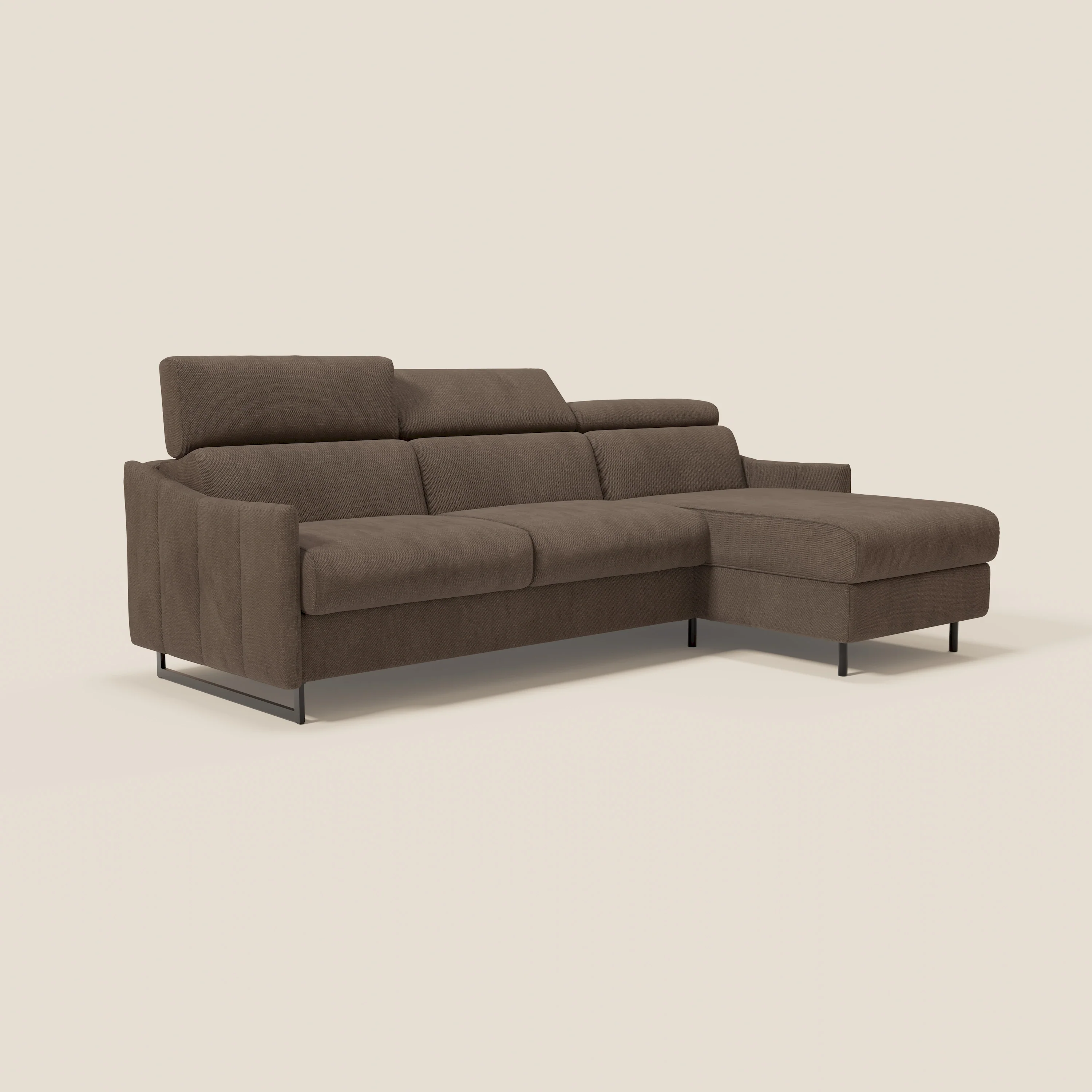 Loto Canapé d'angle convertible avec chaise longue coffre, têtières et matelas H 18 cm en tissu doux imperméable T14 marron - Image 3