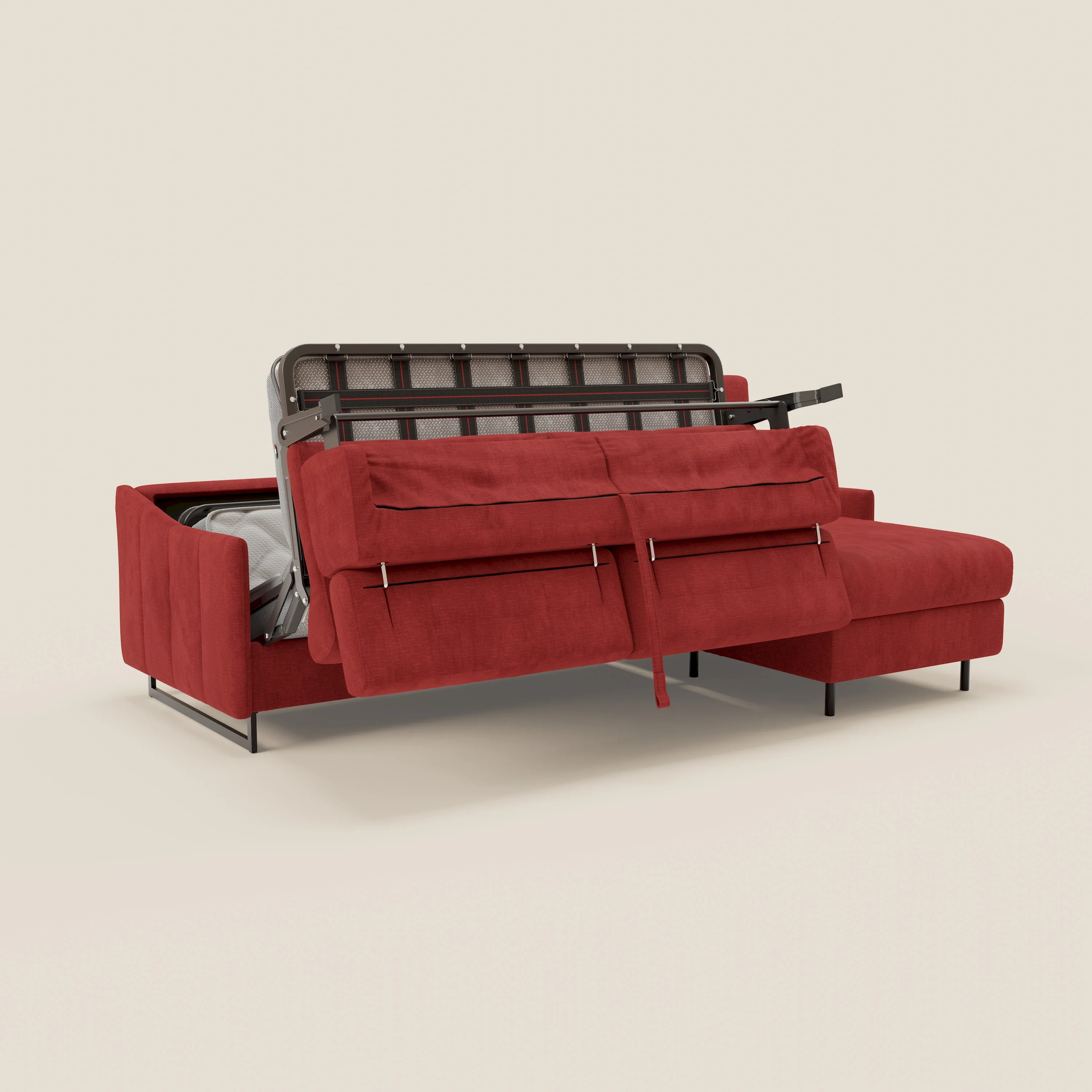 Loto Canapé d'angle convertible avec chaise longue coffre, têtières et matelas H 18 cm en tissu doux imperméable T14 rouge - Image 10