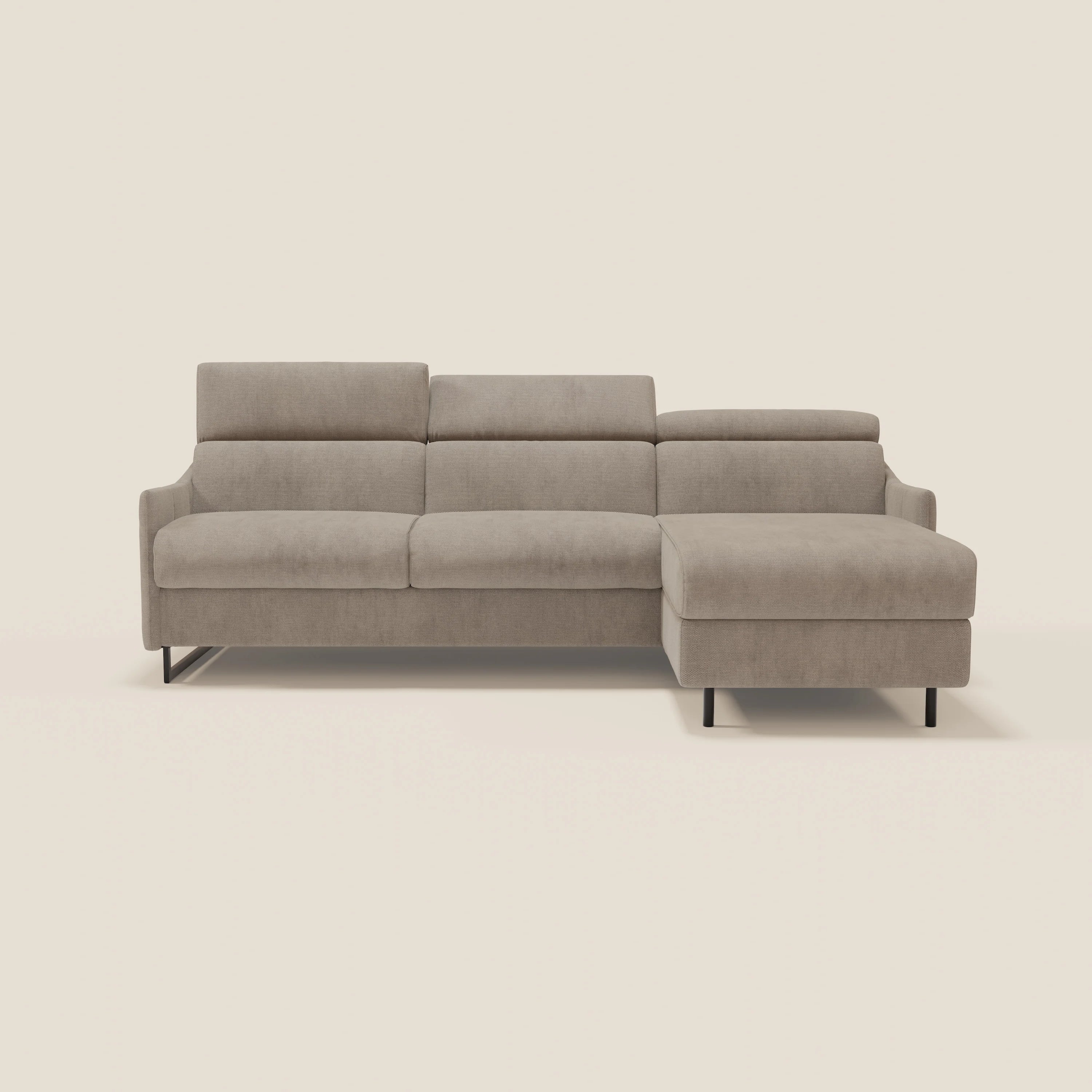 Loto Canapé d'angle convertible avec chaise longue coffre, têtières et matelas H 18 cm en tissu doux imperméable T14 taupe
