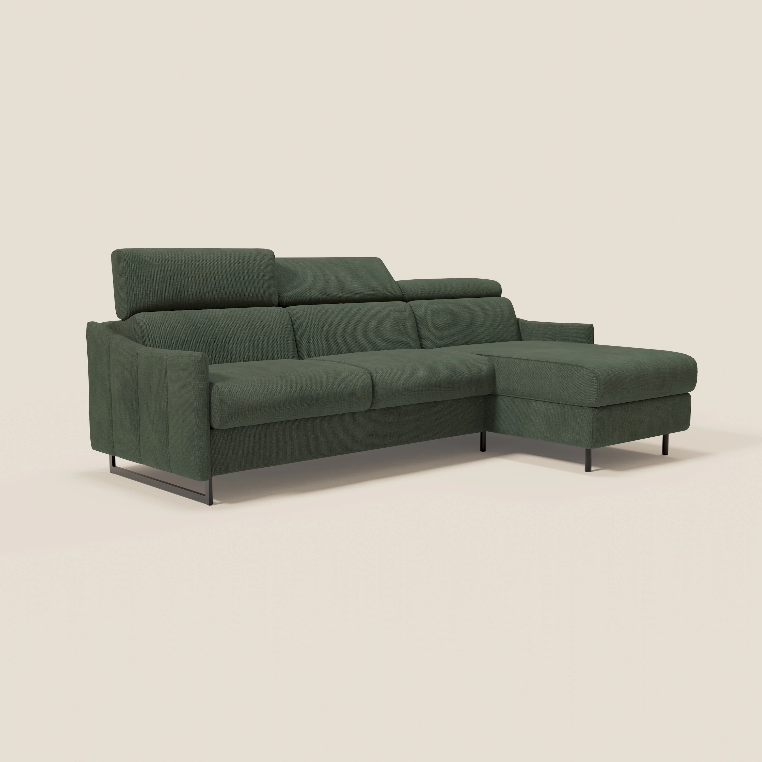 Loto Canapé d'angle convertible avec chaise longue coffre, têtières et matelas H 18 cm en tissu doux imperméable T14 vert - Image 3